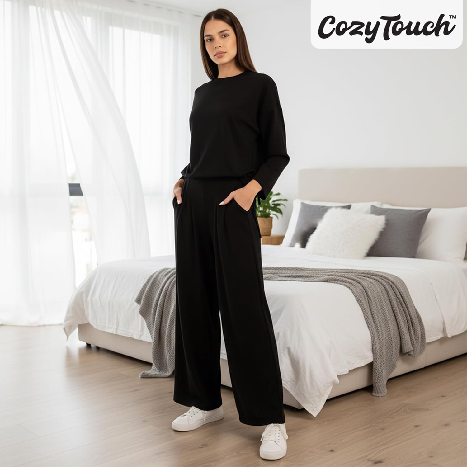Wide Leg Lounge Pants for Women - Soft & Comfortable Trouser for Loungewear - High Waisted Flowy Pants with Pockets