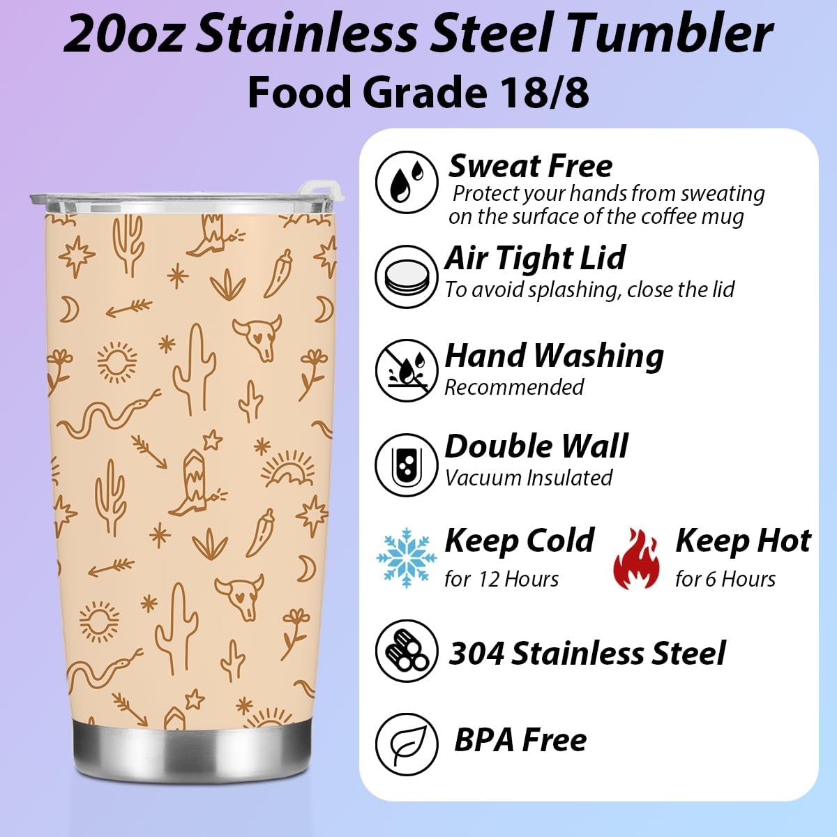 Birthday Christmas Decor Boho Western Coffee Tumbler, 20 oz Tumblers, Insulated Coffee Mug, Stainless Steel Thermal Cup Travel Coffee Cup, Cow Print Western Gifts for Women Men Coworker Appreciation - Image 3
