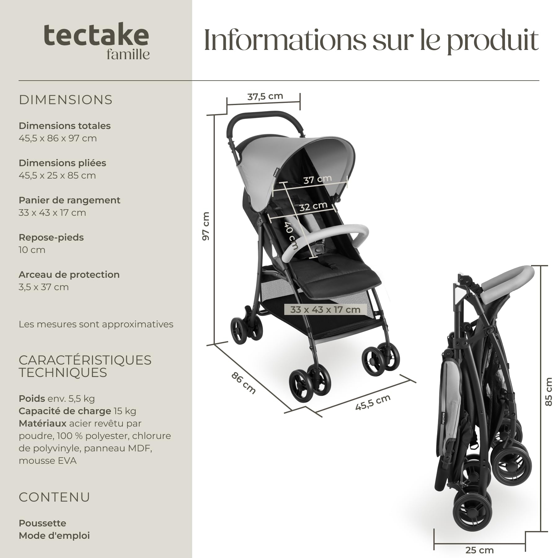 tectake® Poussette canne compacte 0-36 mois Pliable avec Espace de rangement, Dossier inclinable Poussette compacte & légère Poussette voyage Accessoires Bébé Nouveau né Enfant Baby stroller