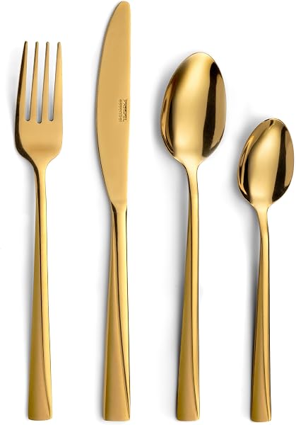PRADEL ESSENTIEL - Ménagère 24 couverts de table pour 6 personnes - Absolu - Acier Inoxydable 18/0, Finition Standard et sablée + revêtement PVD - Doré (Epaisseur 2 mm) - 3