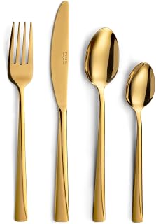 PRADEL ESSENTIEL - Tafelbesteck 16-teilig für 4 Personen – Absolu – Edelstahl 18/0, Standard-Finish und sandgestrahlt + PVD-Beschichtung – Gold (Dicke 2 mm)