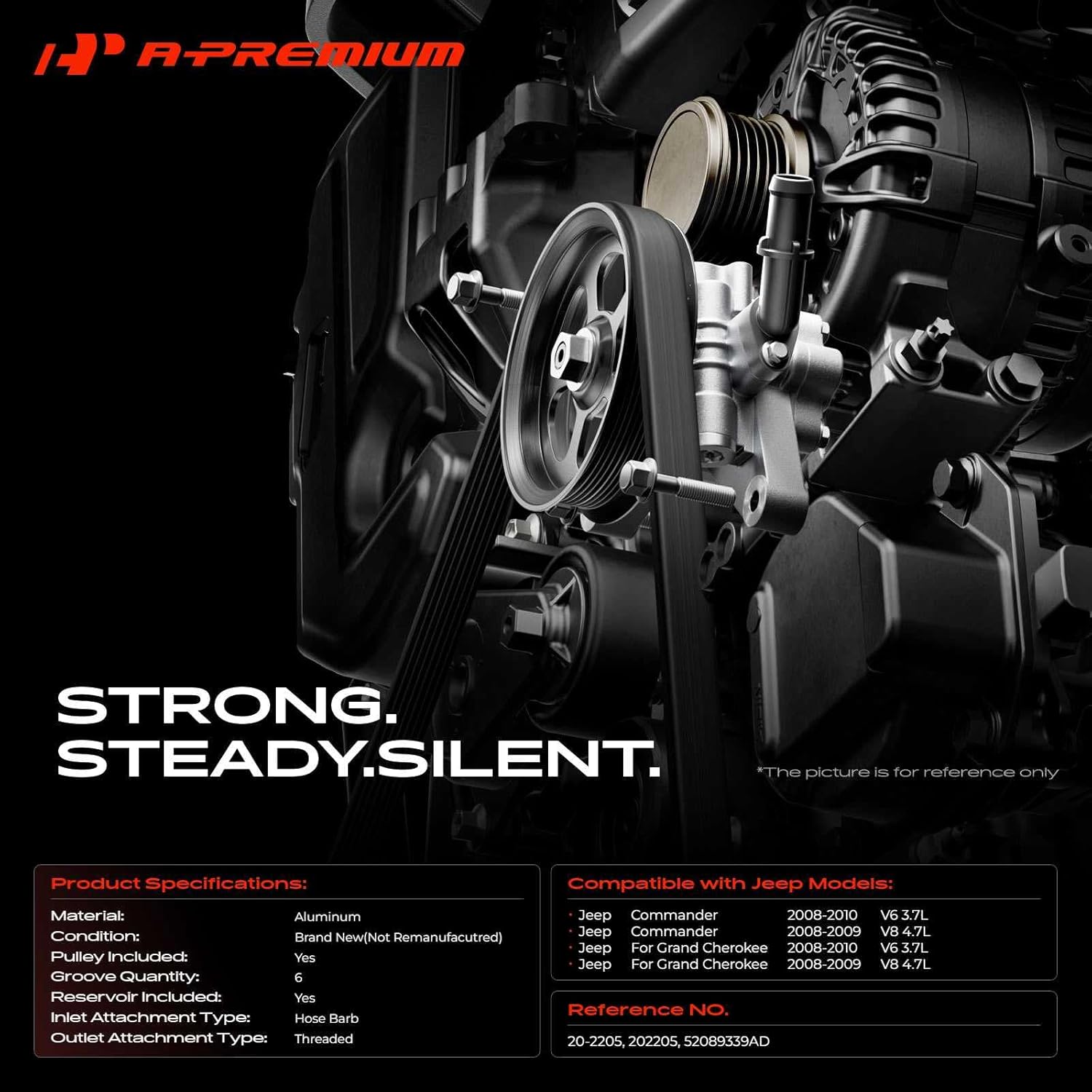A-Premium Power Steering Pump, with Pulley, Compatible with Jeep Commander 2008-2010, Grand Cherokee 2008-2010, 3.7L 4.7L, Replace # 52089339AD