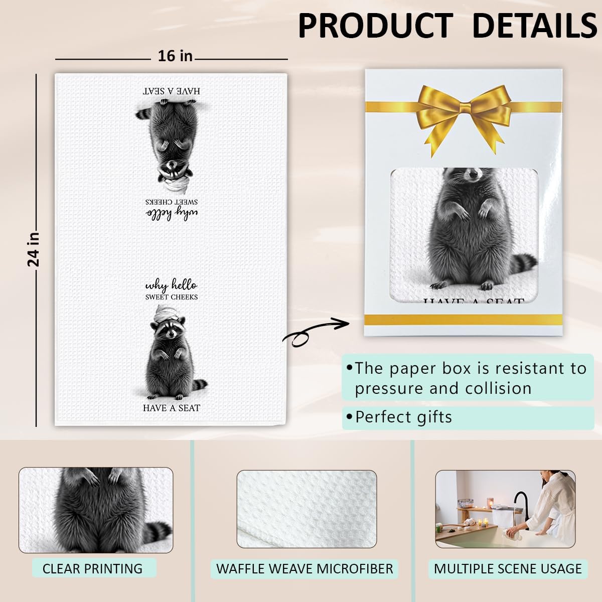 KIDEAR Funny Why Hello Sweet Cheeks Have A SEAT Raccoon Hand Towel,1 PCS Cute Raccoon Kitchen Towels for Bathroom Kids Room Decorations,Cute Animal, Gifts for Women, Pet Owners Housewarming - C15 image 2