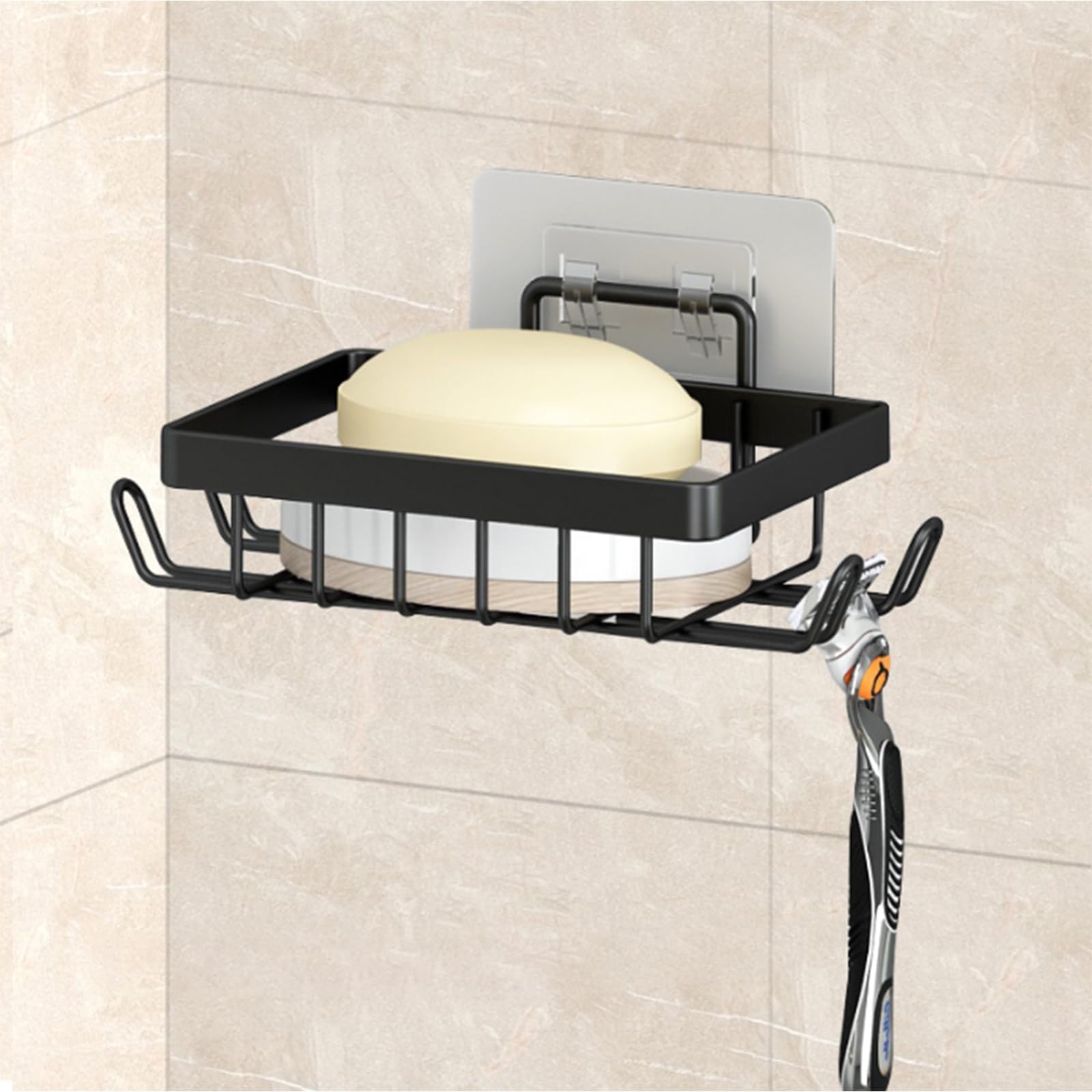 Soap Dish Holder for Shower Wall Self Draining Caddy Saver with 4 Hooks for Razor Loofah Shampoo Sponge Tray Case Box for Bathroom Kitchen Sink Black