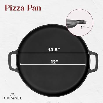 Cuisinel Cast Iron Pizza Pan 13.5-Inch Pre-Seasoned Round Baking Stone for Oven, Grill & Stovetop Heavy-Duty Skillet Alternative for Crispy Crust Pizza, Flatbreads & Roasting