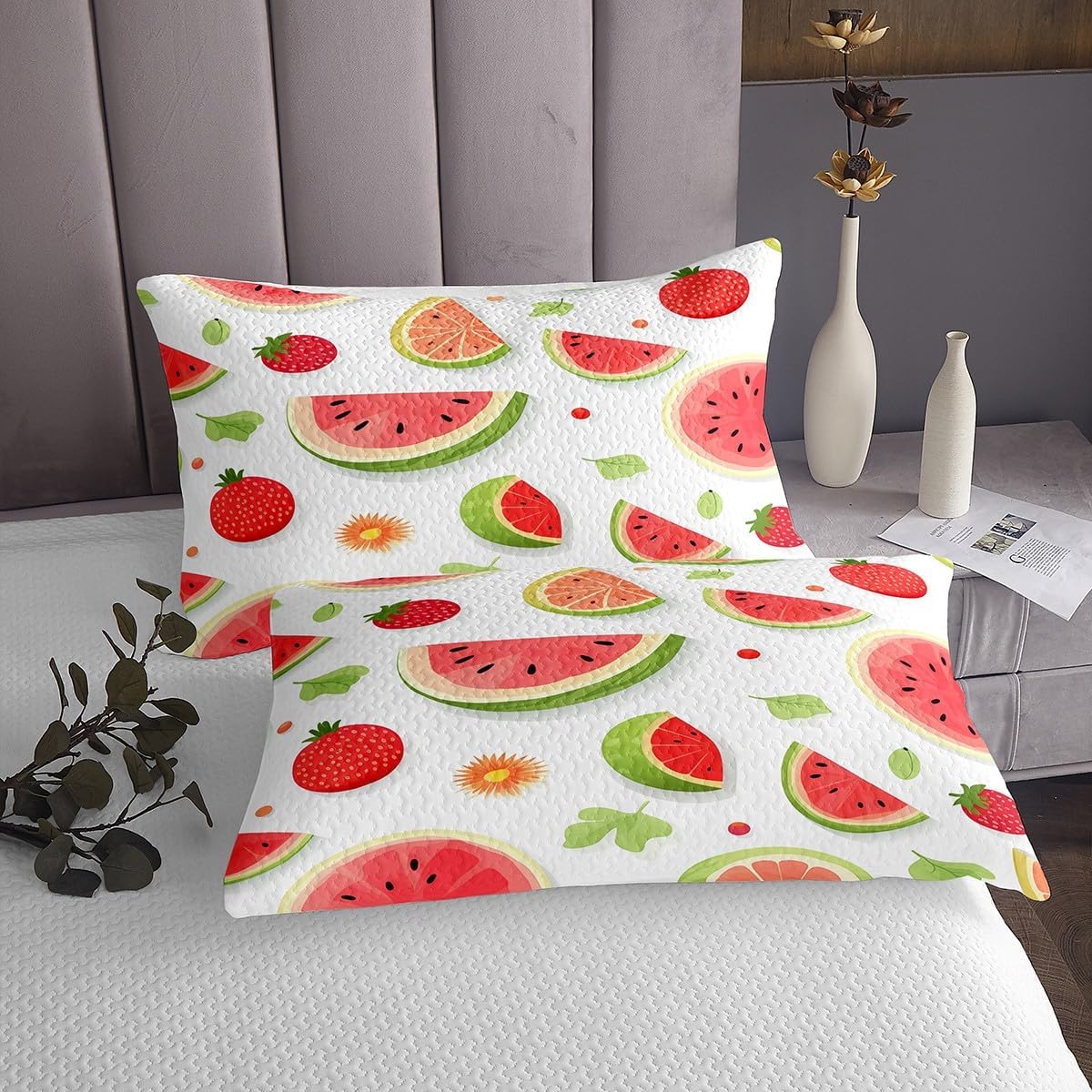 Watermelon Strawberry Bedspread Queen Size,Delicious Fruits Printed Bedding Set,Kids Girls Boys Home Decor,Sun Leaves Polka Dot Comforter Set 3Pcs,Cool Summer Theme Fashion Coverlet Set,2 Pillowcases