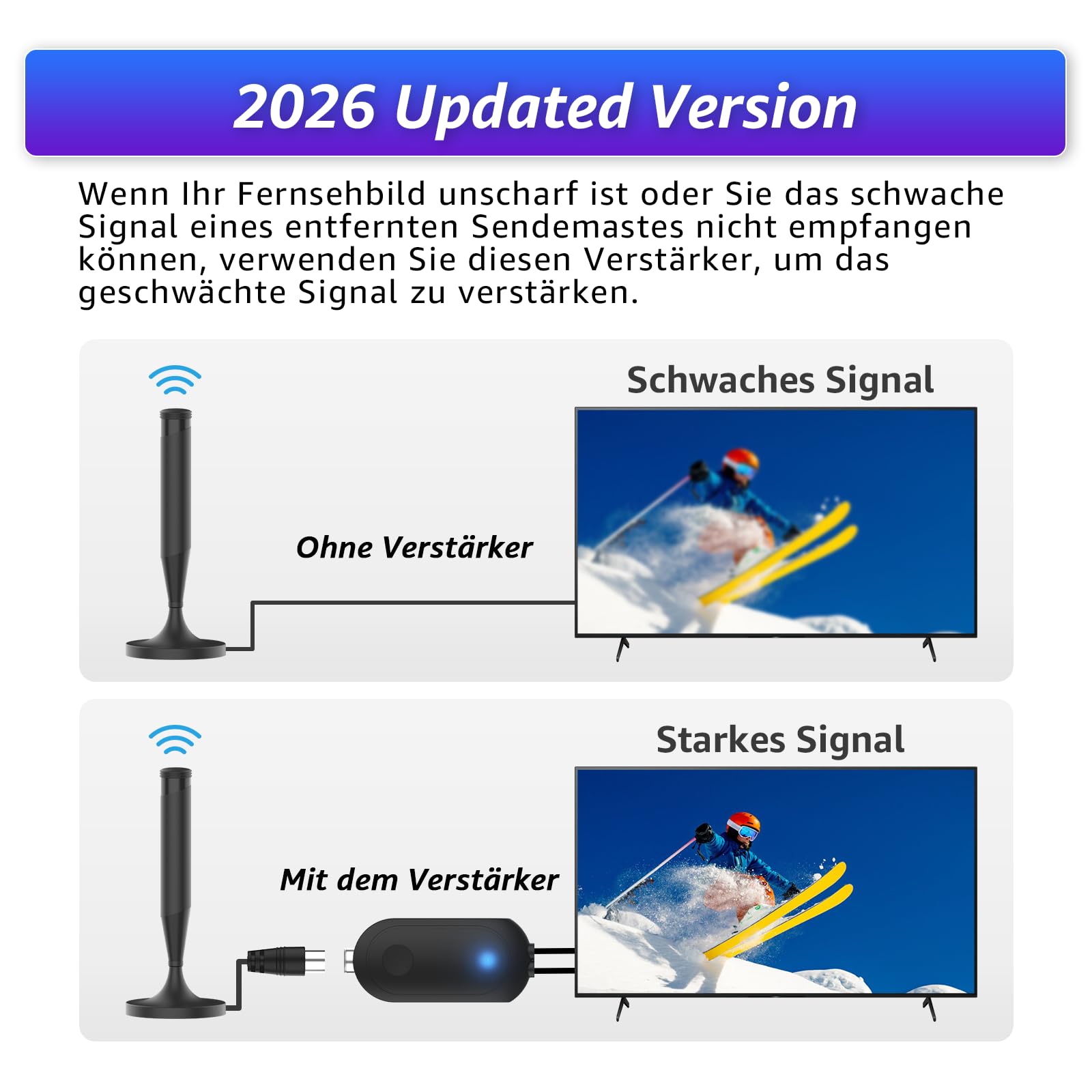 TV Antennenverstärker DVB-T2 HD 4K, USB Signalverstärker für TV Antenne, Antennen Booster zur Verbesserung des Empfangs, kompatibel mit Zimmerantenne, Smart TV, Receiver