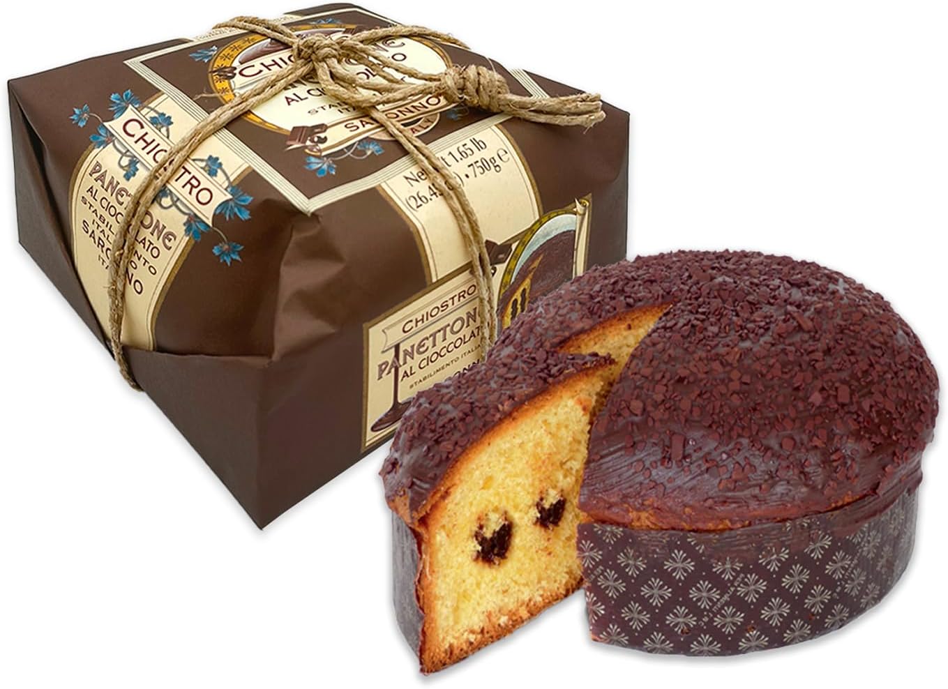 Chiostro Di Saronno Panettone Chocolate Cream Dark Chocolate, Flake Topping in Signature Parchment Hand Wrapped