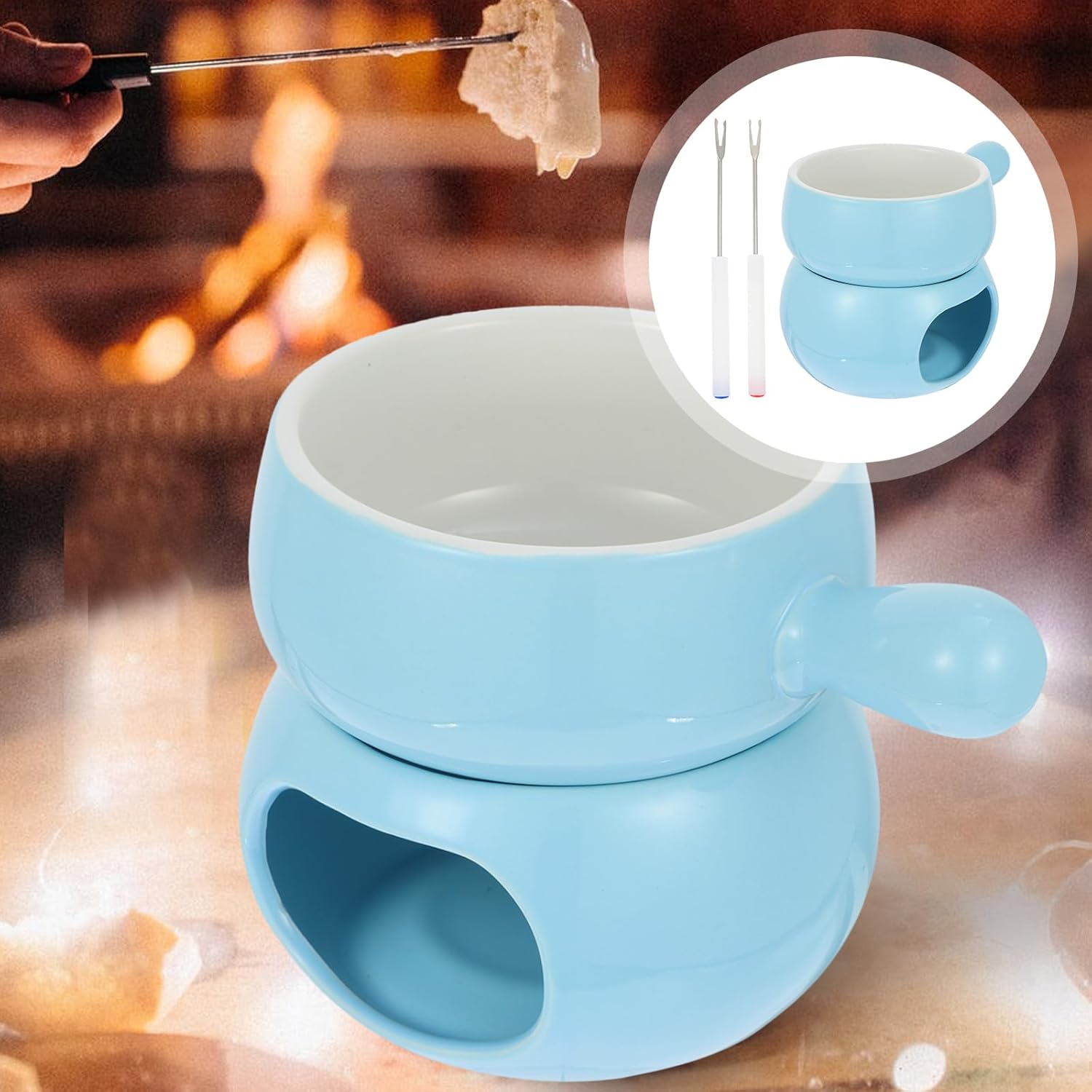 Yardwe 1set Ceramic Chocolate Fondue Pot Elegant Cheese Melting Pot Base for Parties and Romantic Dinners Includes Forks Random Colors