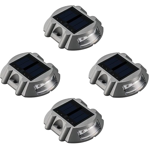 SUNWIND Solar Deck Lighting Outdoor - 4 Pack Waterproof Aluminum Dock Solar Powered Lights Outdoor LED Pathway Road Marker for Garden Path Stair Fence Driveway Road Dock Lighting (White)