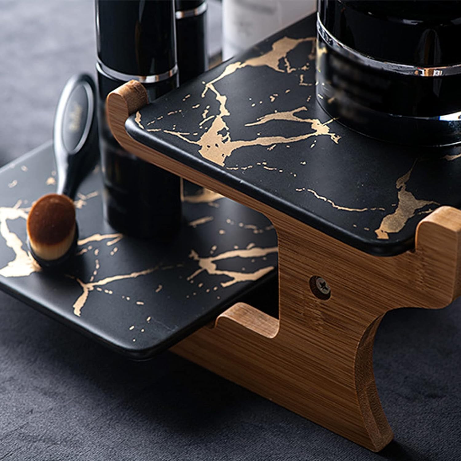 Dessert Stand Marble Cake Stand 2-layer Dessert Table with Wooden Base Afternoon Tea Cupcake Stand for Tea Party, Wedding and Birthday Cupcake Stand Serving Tray (Color : Black)