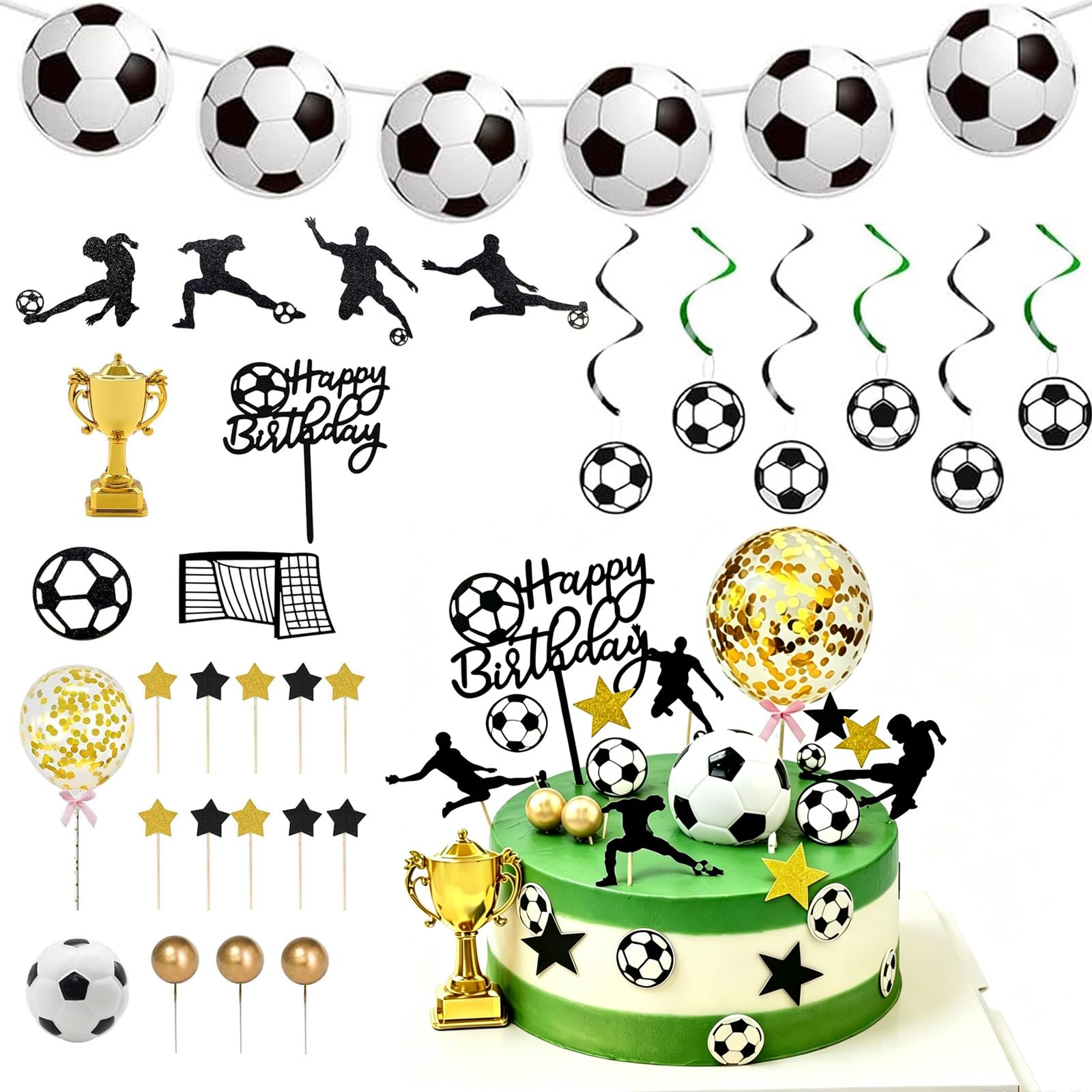 30 PCS Set Football Cake Decorations, Soccer Theme Happy Birthday Cake Topper, Personalised Cakes Topper Personalised Applicable for Birthdays and Sport Theme Party