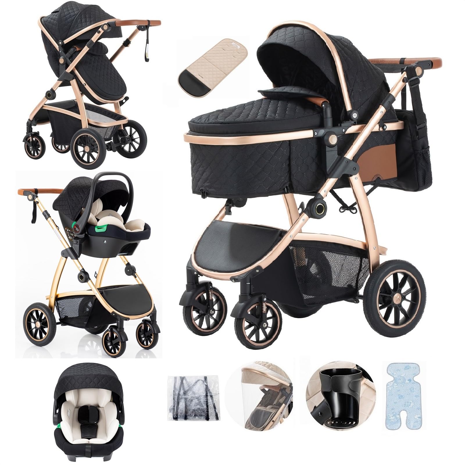 Poussette 3 en 1 Compacte avec Poignée Réglable, Siège Auto, Moustiquaire et Sac