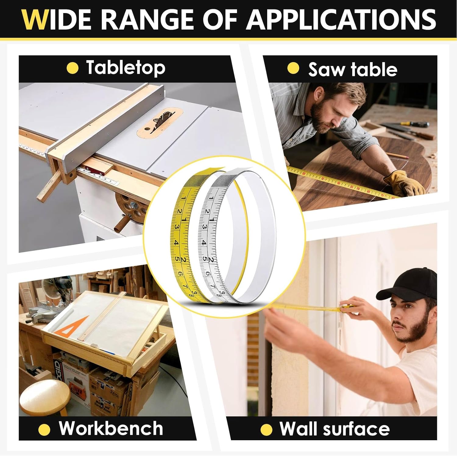 78In Self Adhesive Measure Tape 2 Pack,Left to Right Read Measuring Ruler for Table Saw & Workbench,Peel and Stick Ruler with Imperial & Metric Scales - Vinyl Sticker for Woodworking,Yellow