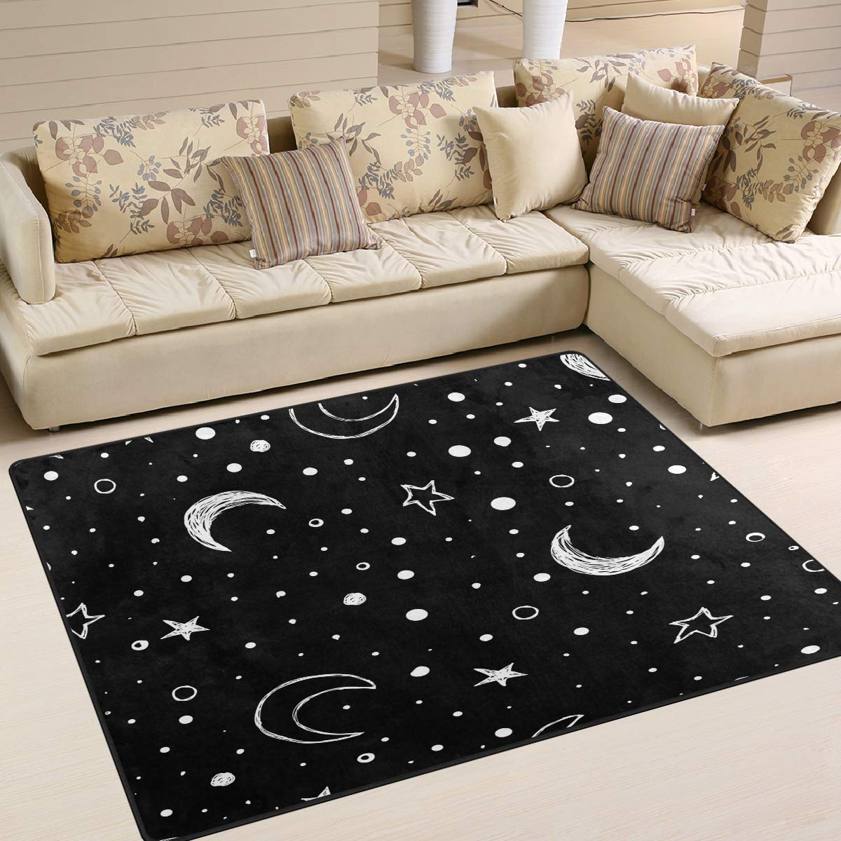 ALAZA Doodle Night Sky Moon Stars Indoor Modern Door Mat 4' x 5', Dining Room Home Bedroom Carpet Floor Mat Nursery Mat Room Mat