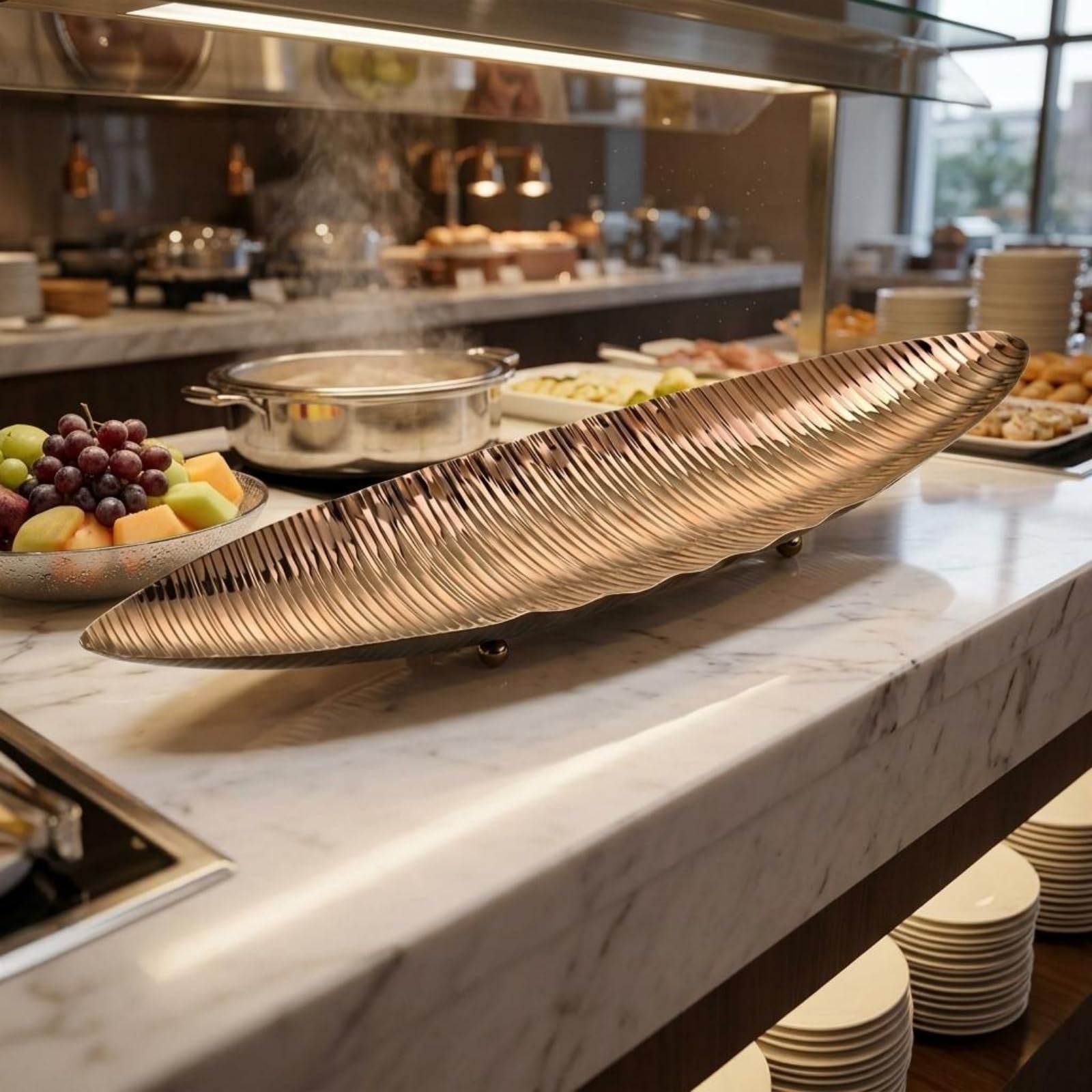 Fuente de Servicio de Pescado Bandeja Platter Servidor en Acero Inoxidable para Alimentos con Apariencia Moderna y Textura Martillada Adecuada para, Oro Rosa, 470X140XH60MM