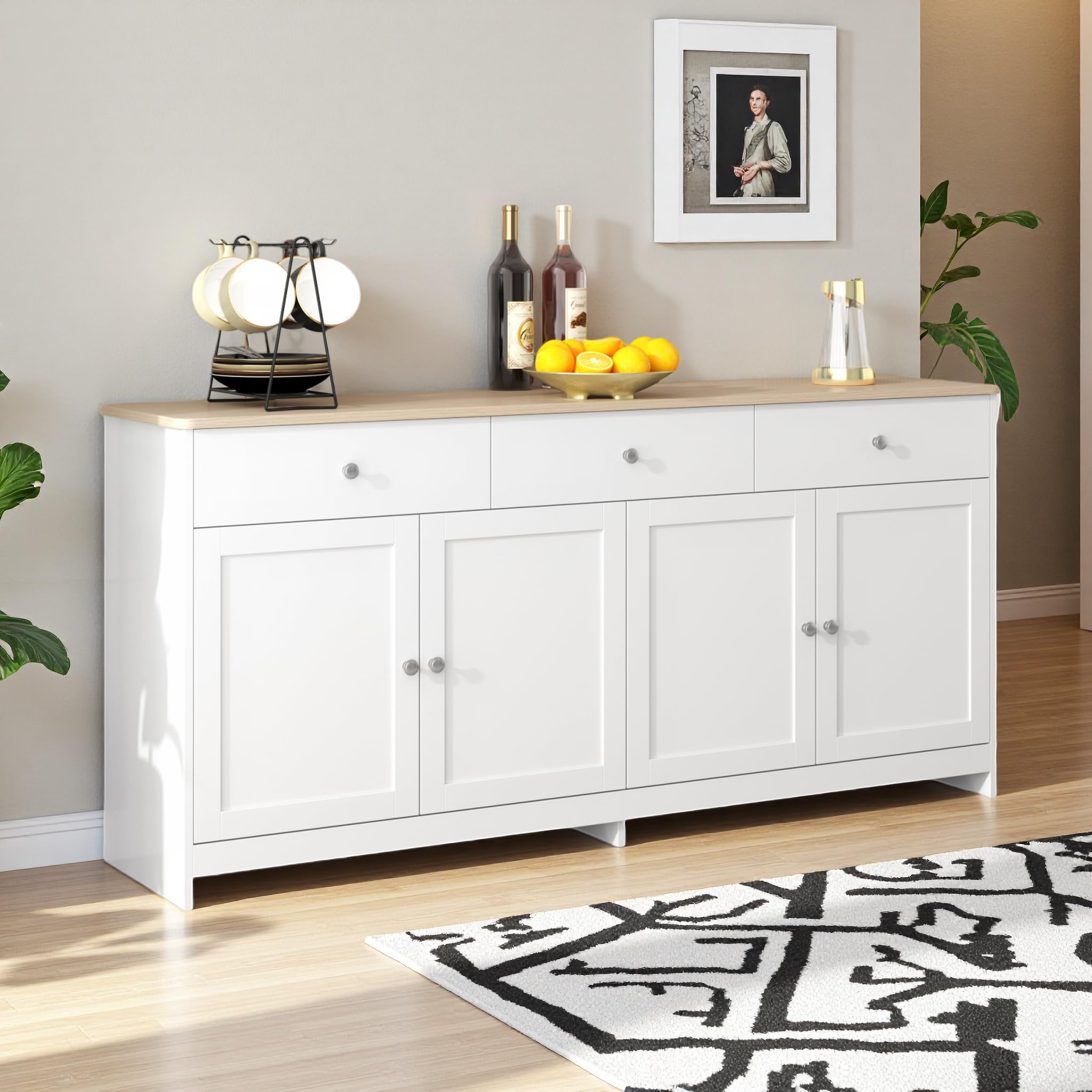 Credenza, cassettiera con 4 ante e 3 cassetti, credenza con ripiani regolabili, armadietto a buffet, per soggiorno, sala da pranzo, cucina, corridoio, natura e bianco (bianco, 160 x 37 x 75)