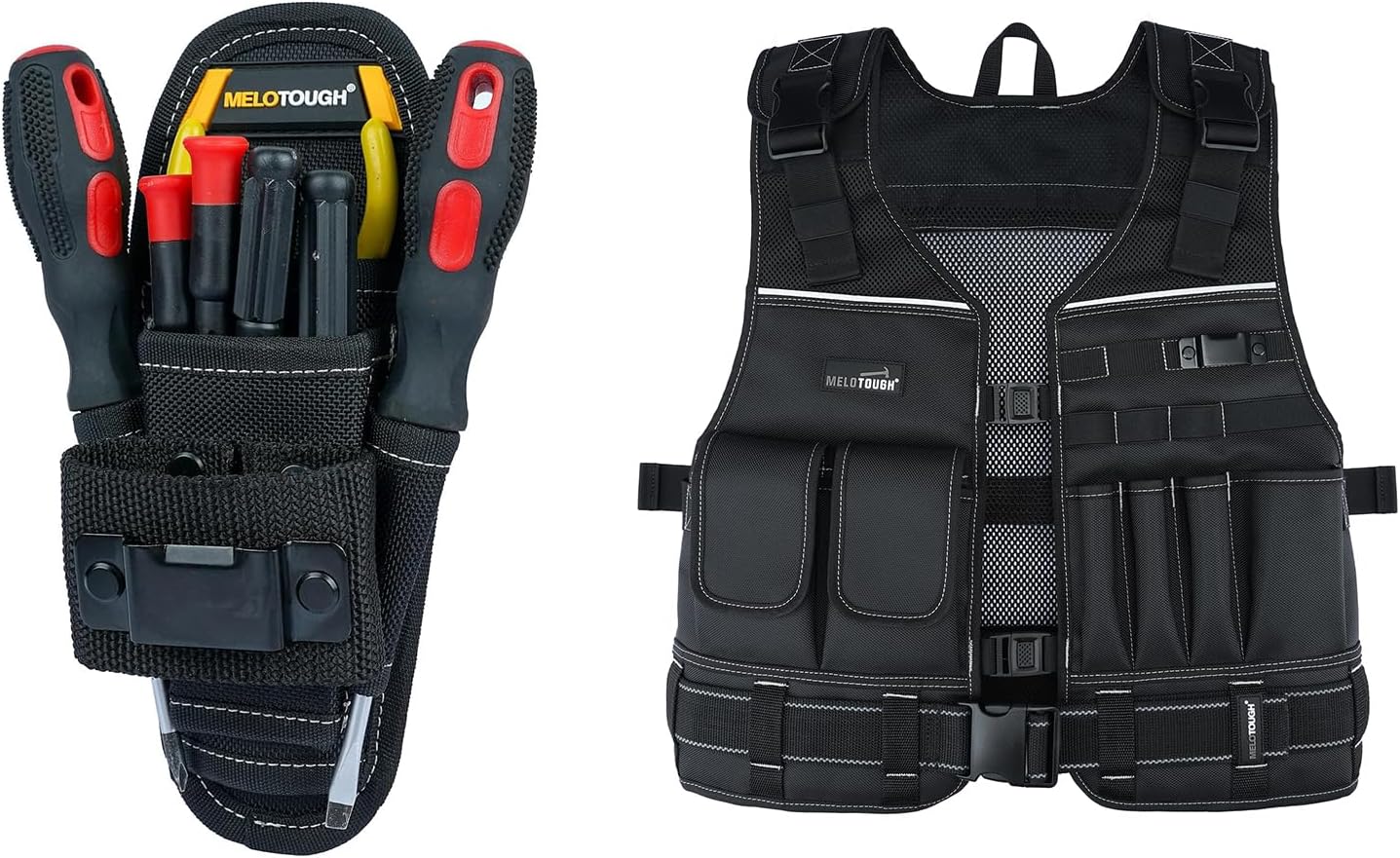 MELOTOUGH Small Tool Pouch with Belt Clip, Tool Vest for Men with Belt, Adjustable Multi-Pocket Safety Work Vest with Reflective Strips for Electrician, Construction, Carpenter, HVAC (Black)
