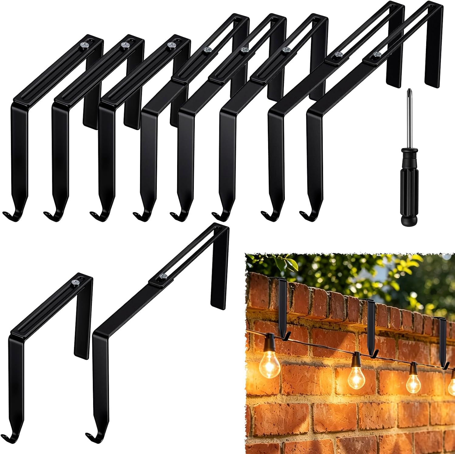HZJD Adjustable Outdoor Light Hooks String Metal, Black, 10PCS No Drill for 3-6 Inch Walls