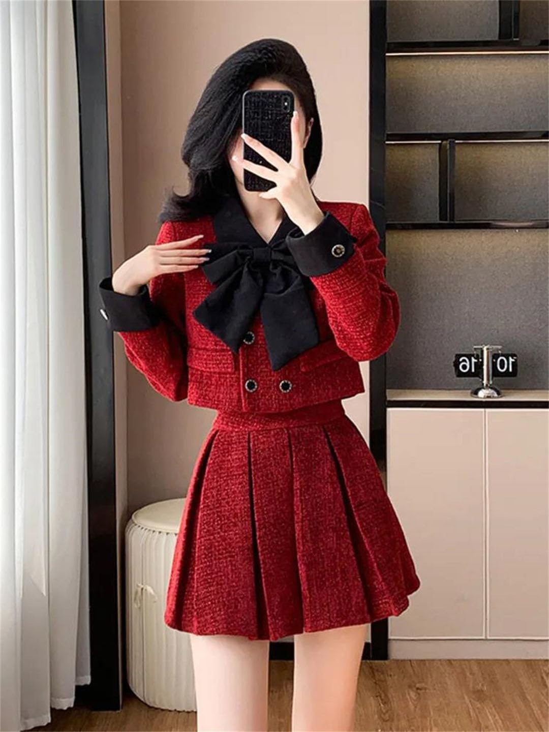 Women Tweed Two Piece Set Crop Jacket Mini Skirt Matching Outfit