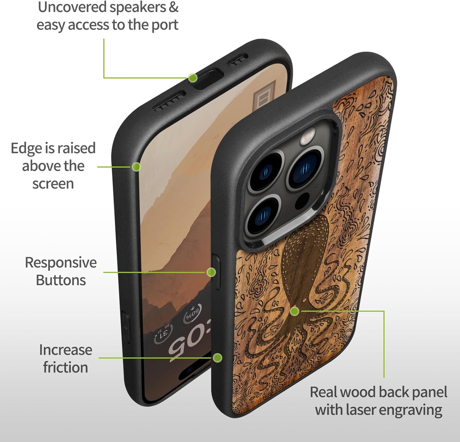 Carveit Magnetic Wooden Case for iPhone 15 Pro Case, Compatible with MagSafe Wireless Chargers, Black Soft TPU Shockproof Cover & Wood Artisan Engraved (Floral Octopus) - Walnut