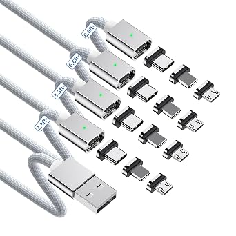 ZBF Magnetic Charging Cable 3A Fast Charging 4-Pack, 3.3/3.3/6.6/6.6 ft 3 in 1 Magnetic Phone Charger, 480Mbps Data Transfer, USB A to Type C Charger Cable USB-C/Iproduct Micro USB Device - Silver