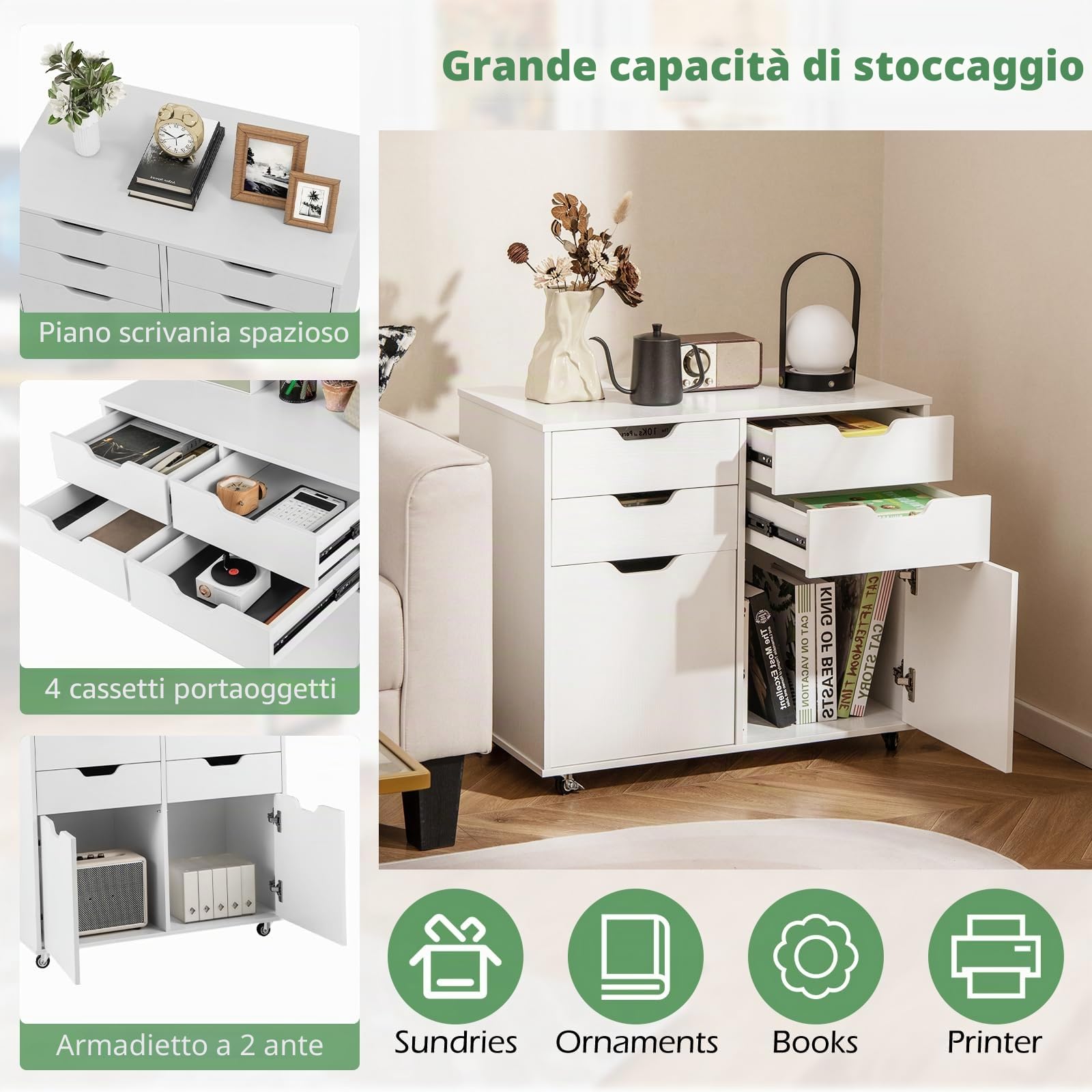 KOMFOTTEU Raccoglitore mobile con 5 ruote, cassettiera con 4 cassetti e 2 armadi con porte, supporto per stampante in legno, mobile di stoccaggio per ufficio, soggiorno