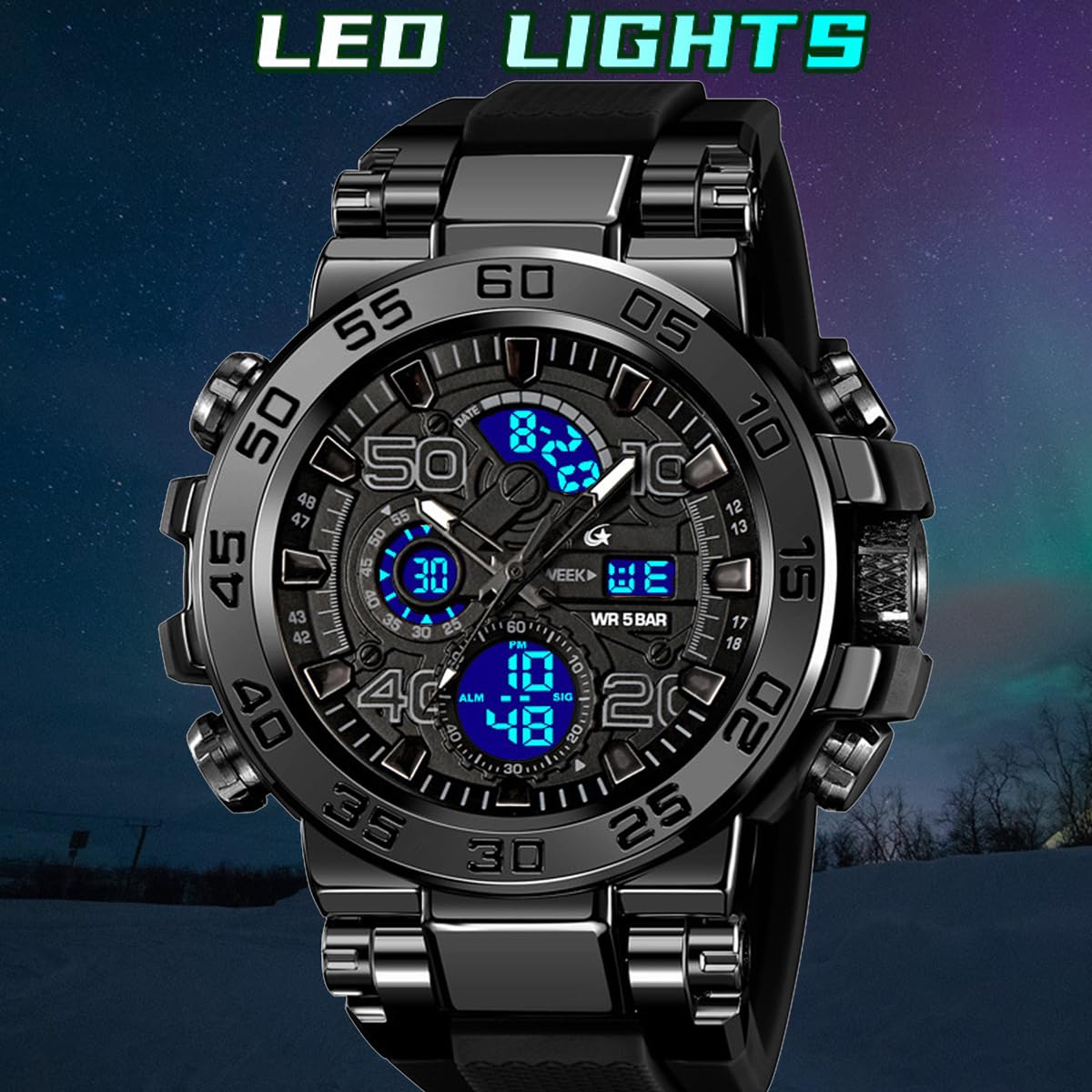 findtime Orologio da uomo sportivo militare, impermeabile, digitale, analogico, tattico, per attività all'aperto, con grande viso, doppio fuso orario, LED luminoso, sveglia e cronometro
