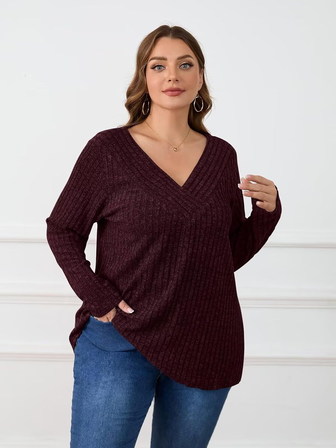 BELAROI Plus Size Tops for Women Fall Casual Tunic Shirts Lightweight V Neck Pullover Long Sleeve Blouse - Image 5