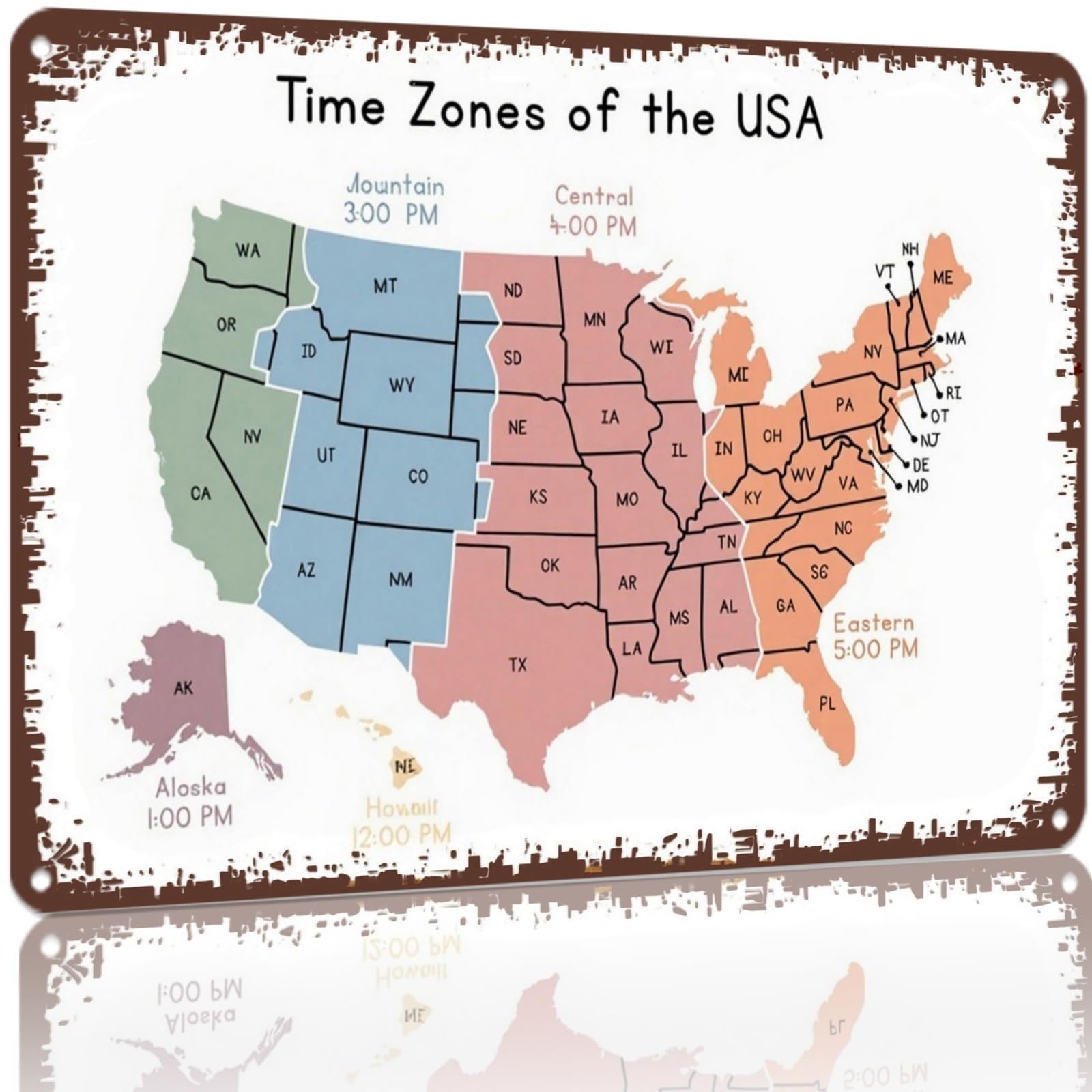 IDGTTLDF Vintage American Time Zone Map Metal Tin Sign Wall-Art for Office Home Study Retro Geographic Information Sign 8 X 12 inch