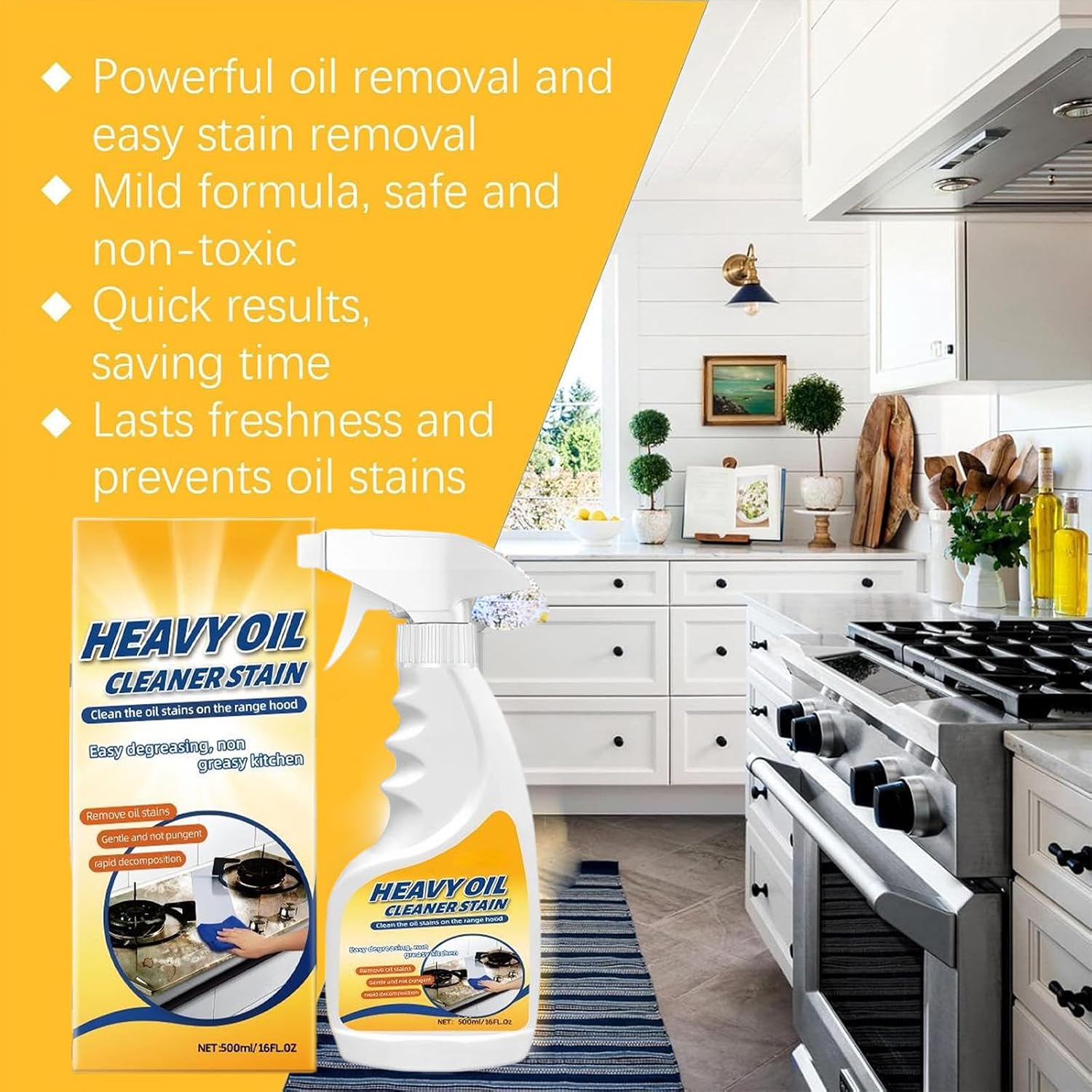 Multi-Purpose Heavy Grime Duty Cleaner, 2026 New Heavy Oil Cleaner Stain, 500ML/16.9FL Oz Heavy Oil Stain Cleaner Kitchen, Degreaser Spray for Range Hood, Oven, Pots and Cabinet (3 Pcs)