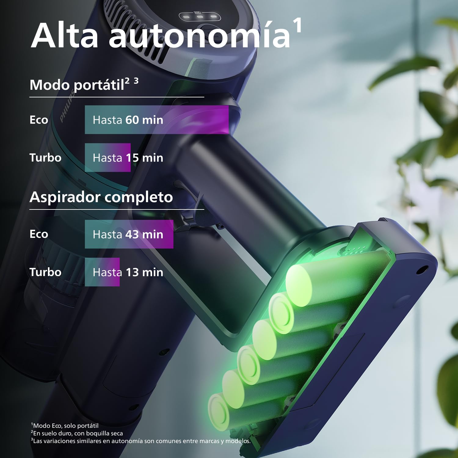 PHILIPS Aspiradora sin Cable Serie 3000, Potente succión en Suelos Duros, 60 min de autonomía, Cepillo LED, Accesorios, batería reemplazable, Ligera y eficiente en rincones (XC3032/01)