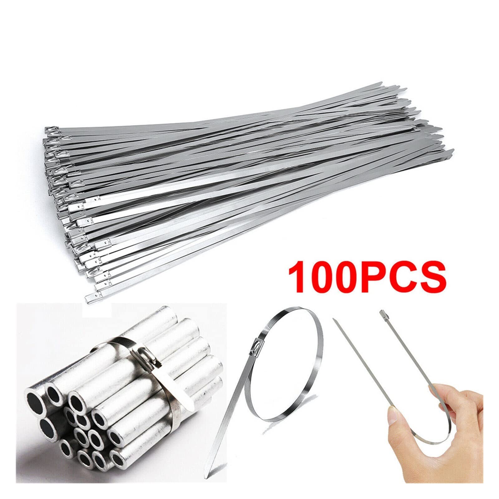 100 szt. opasek zaciskowych ze stali nierdzewnej 304 4,6 mm samoblokujące opaski zaciskowe metalowe do układu wydechowego (kolor: srebrny, rozmiar: 25 cm x 100 szt.) (srebrny 25 cm x 100 szt.) (s