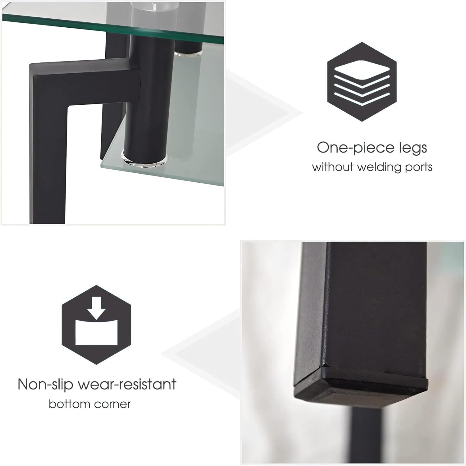 Rectangle Tempered Glass Coffee Table, Metal Leg Glass Coffee Tables for Living Room, Clear Glass Coffee Table, Modern Accent Rectangle Table with Lower Shelf, Black Style 2