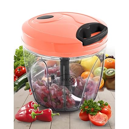 Arcane 1 liter Big Size Kitchen Dori Handy Vegetable and Fruit Manual Onion Dry Fruit Salad Maker Vegetable Quick String Chopper Machine, Cutter 5 Stainless Steel Blades (XXL, Orange, 1000ml)