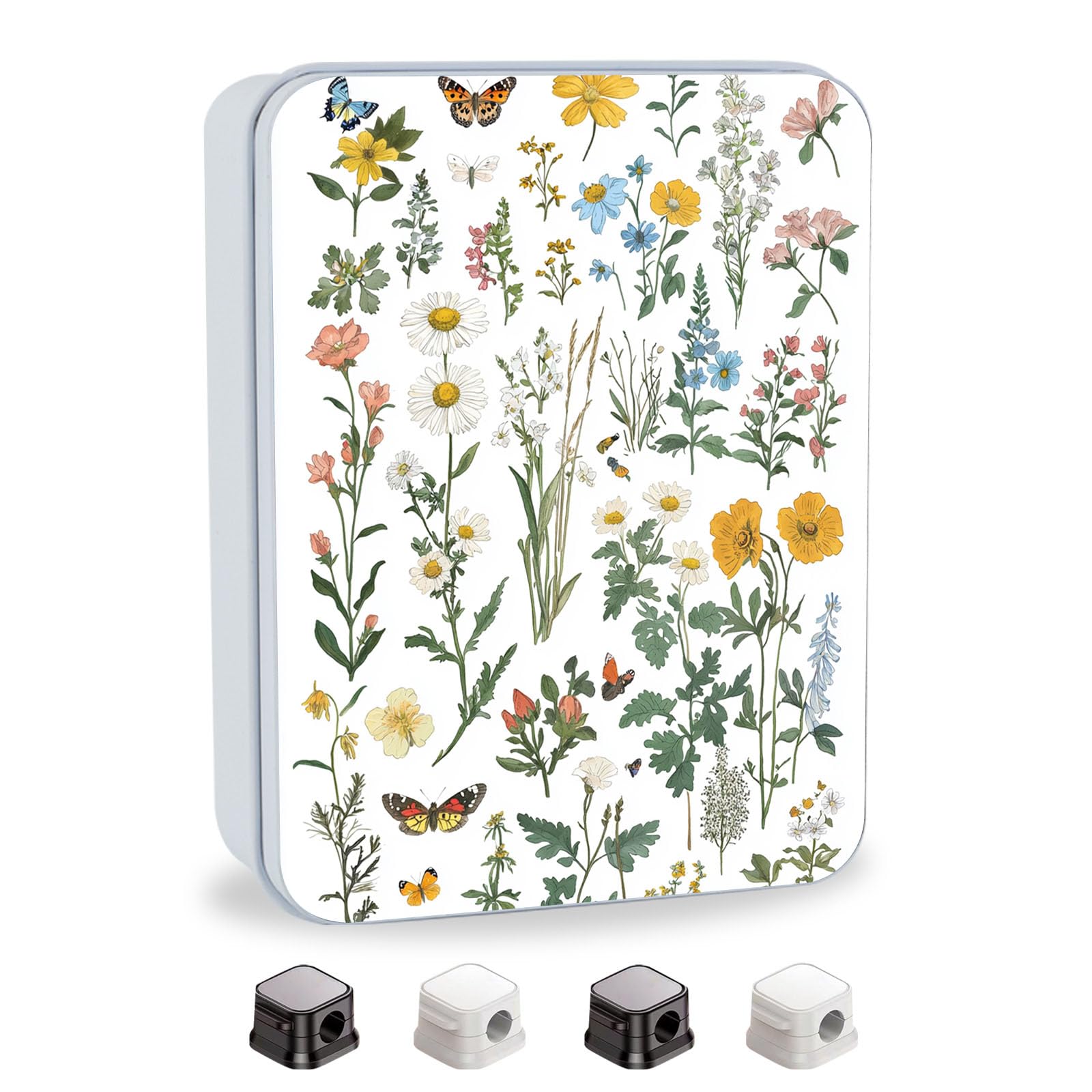 Metal Tin Box with Lid,Multi-functional Storage Large Box Can Store Tea Biscuits Game Cards, Playing &amp; Tarot Cards-Comes with 4 Magnetic Cord Clips,Flower Garden Butterfly