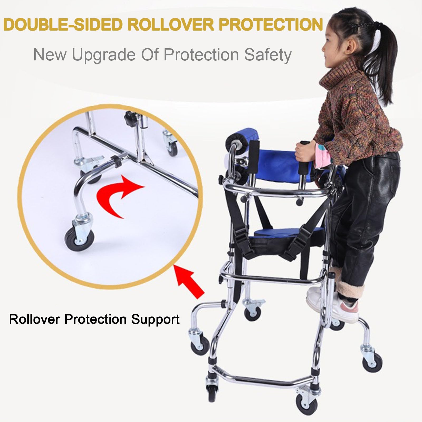 Andador andador con asiento para niños, altura ajustable, ancho con ruedas, marco de pie para rehabilitación de hemiplejía, 6 ruedas, antiinclinación, cinturón plegable, ayuda para caminar