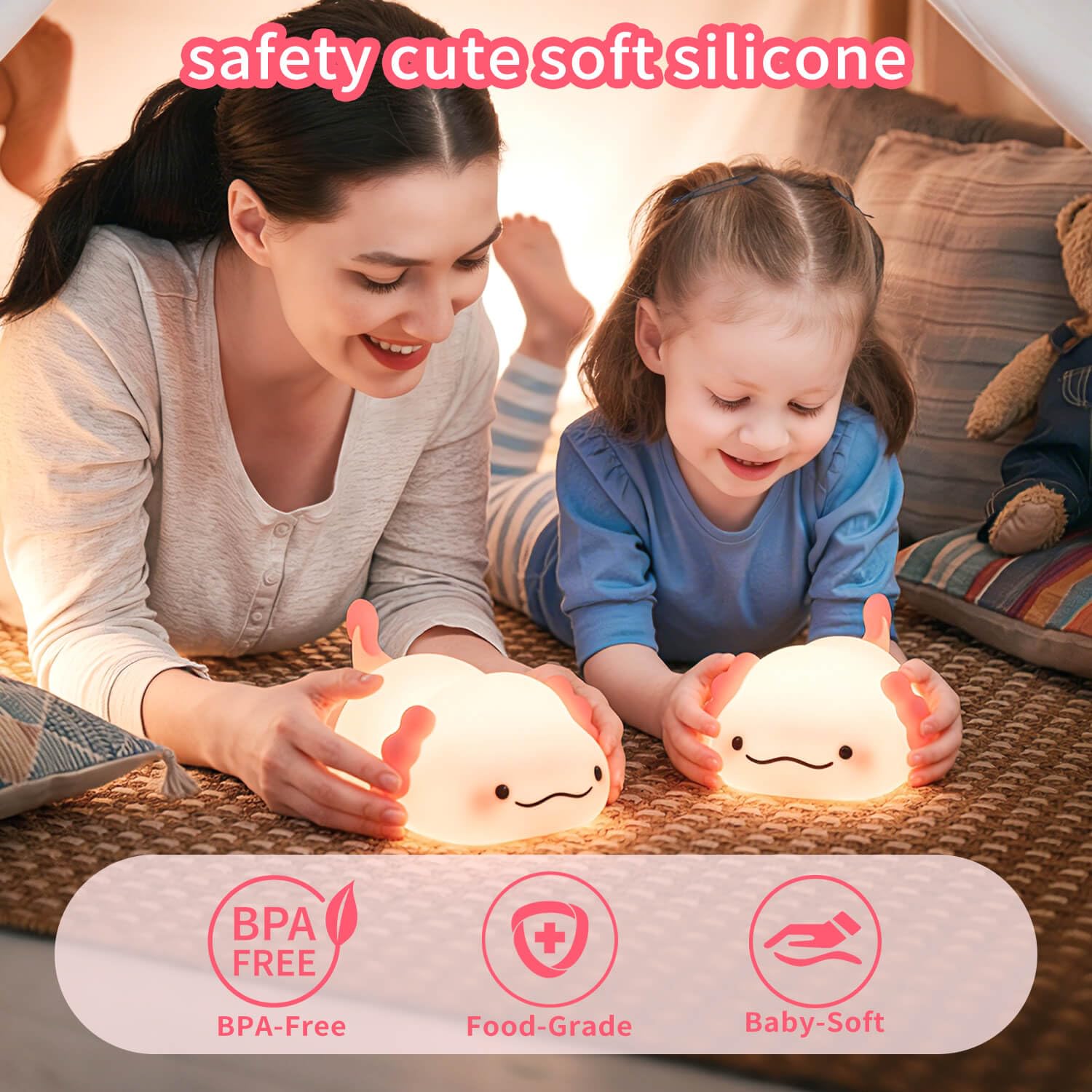 Axolotl - Luz nocturna para niños, silicona blanda de 3 niveles regulable, control táctil, bonita luz nocturna con temporizador, portátil, recargable por USB, lámpara de noche rosa, regalos