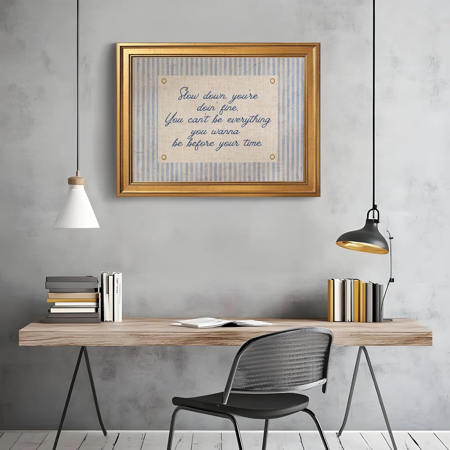 Vintage Framed Wall Art Slow Down Youre Doing Fine Music Poster Uplifting Positive Quote Stripe Motivational Painting Retro Song Lyric Canvas Print Daily Reminder Wall Decor for Room 12x16inch