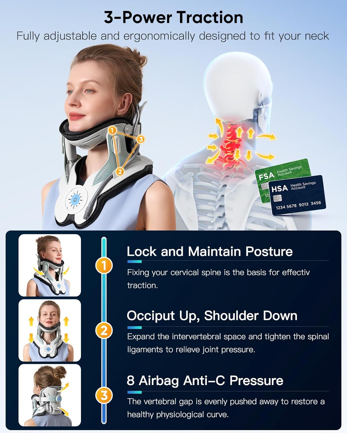 Cervical Neck Traction Device: Neck Stretcher for Cervical Pain Relief, Electric Air Pump with 3 Power Traction, Built-in 8 Airbag, Improved Stretcher for Neck Decompression and Neck Tension Relief