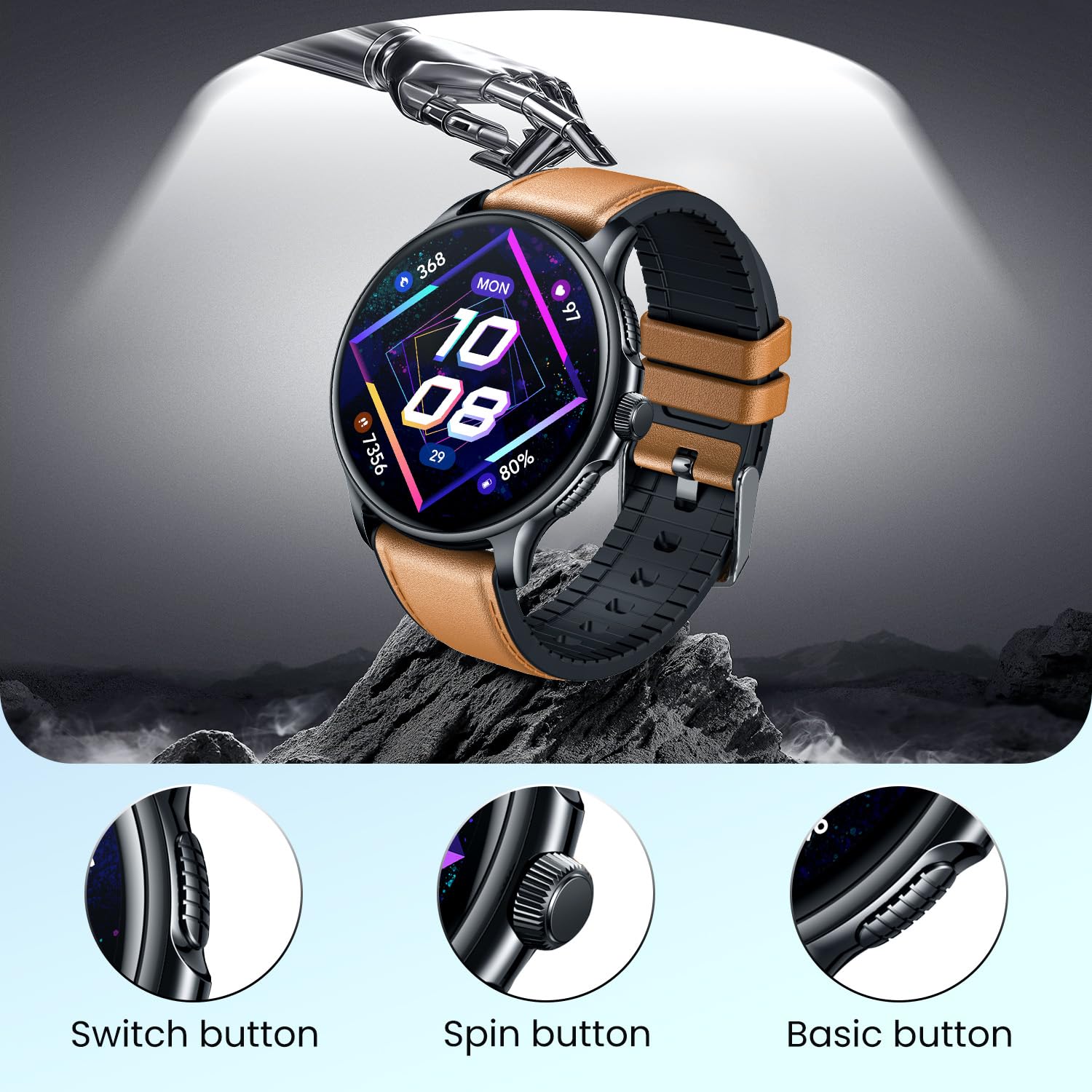 Orologio Smartwatch Uomo Fitness Tracker: 1.43" Rotondo Smart Watch con Chiamate Bluetooth Pressione Sanguigna SpO2 100+ Modalità Sport IP68 Impermeabile Contapassi Orologi Compatibile per Android IOS