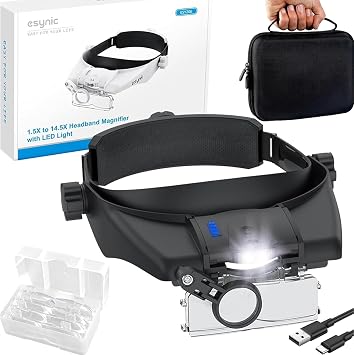 eSynic Hands-free Magnifying Glasses with Light-Type-c Rechargeable Head Magnifier with 5 Lenses-1.5X-13X Magnification-2 Brightness Levels-3 Wear Adjustment knobs-A Storage Case for Close Work/Crafts