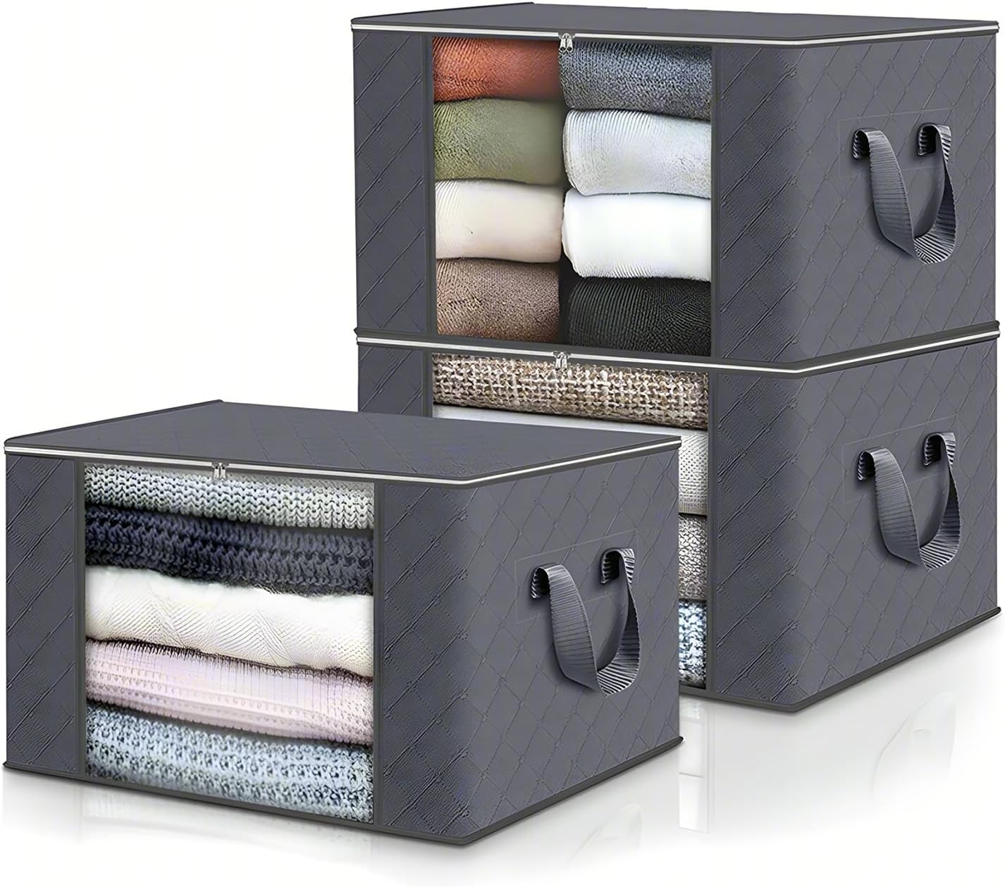 ASelected 3 Pack Clothes Storage Bag, 60L Underbed Storage Boxes with Lids, Foldable Moving Boxes with Clear Window Storage for Clothes Duvets Blankets Bedding