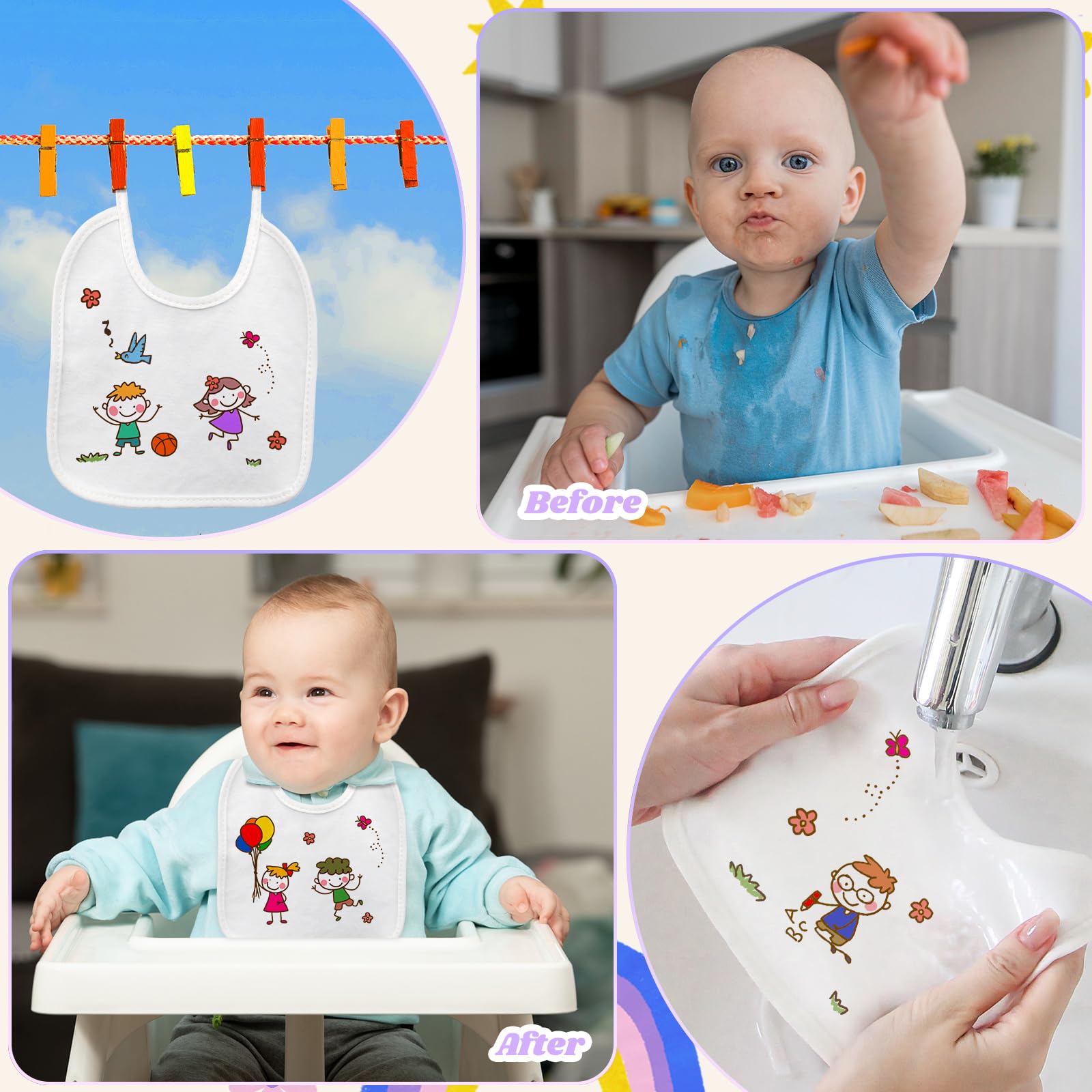 16 baberos para pintar, baberos blancos con 16 plantillas y 12 lápices textiles, impermeables, 100% algodón, pañuelo para el cuello para baby shower, juegos para niños y niñas