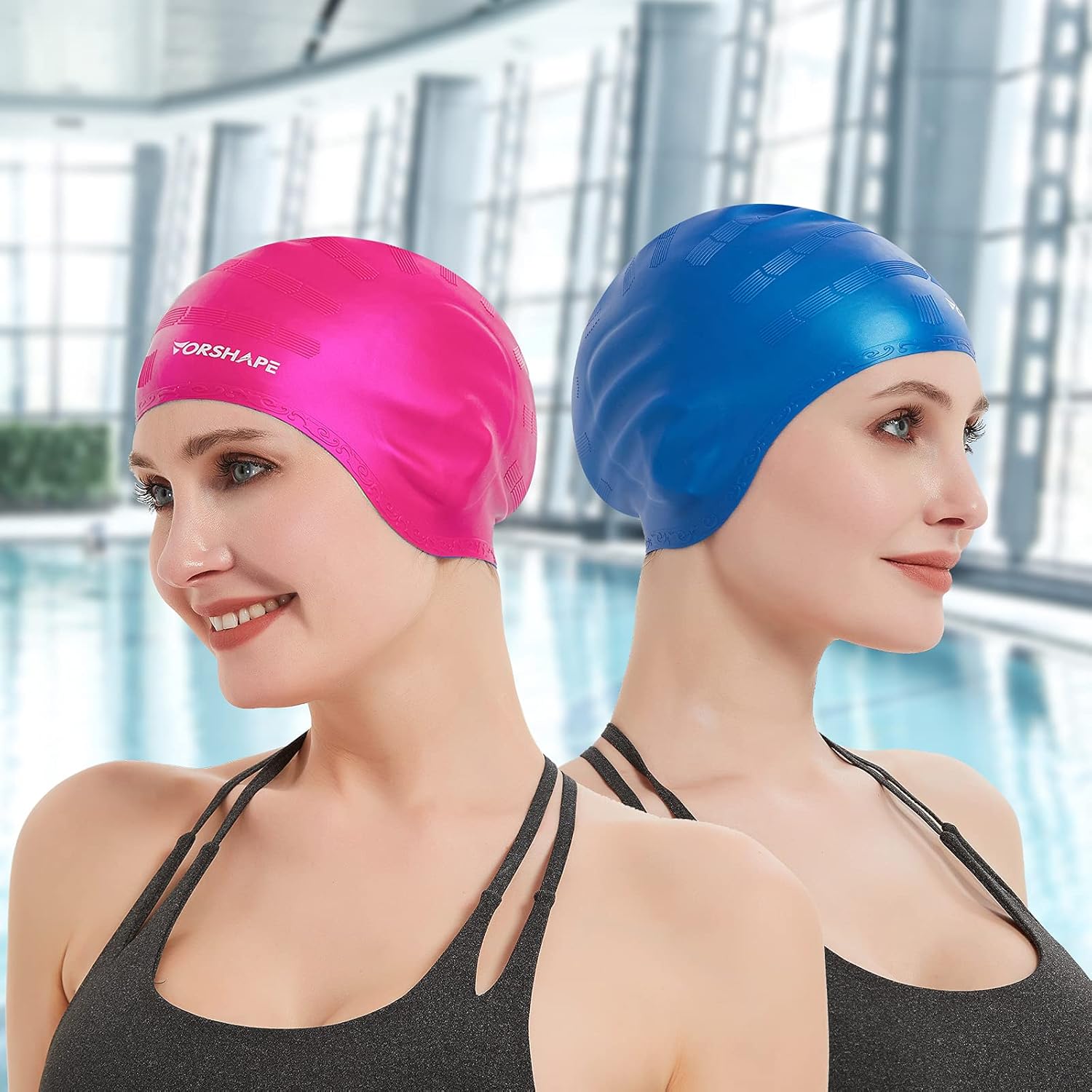 Vorshape Unisex Swim Caps Cover Ears (2 Pack), Flexible Silicone Swimmer Caps for Long Hair Swimming, 3D Ergonomic Fit for Man & Women, Blue&Pink : Sports & Outdoors