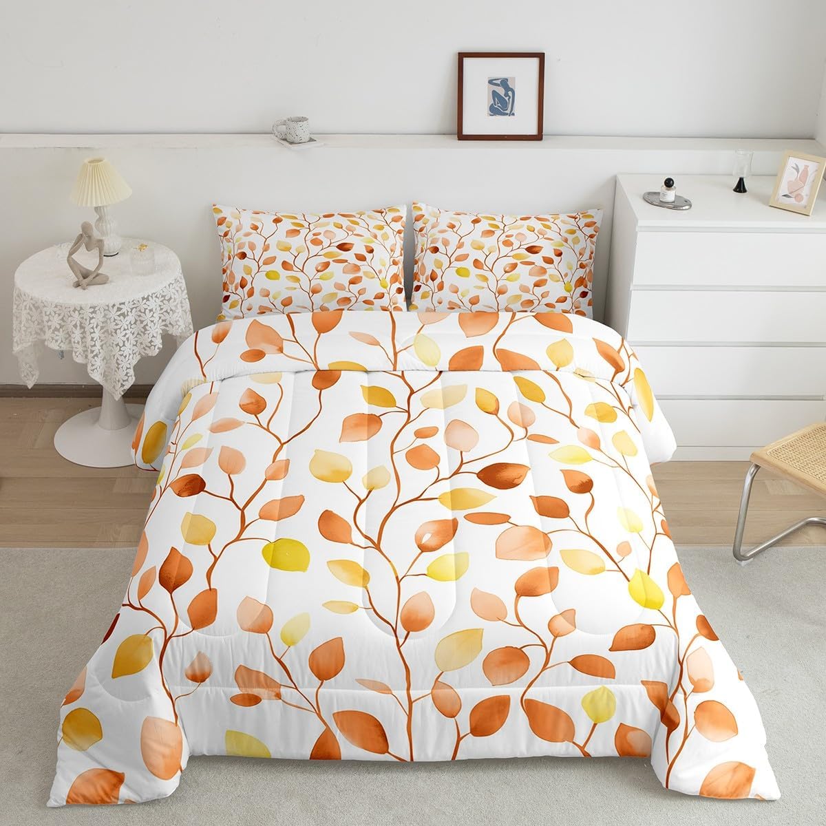 Boho Flower Bed in a Bag 7 Pieces Chic Floral Bedding Set for Kids Child, Tropical Botanical Plants Queen Size Comforter Set Orange Yellow Leaves Bedding Comforter Sets, Rustic Farmhouse Bed Set