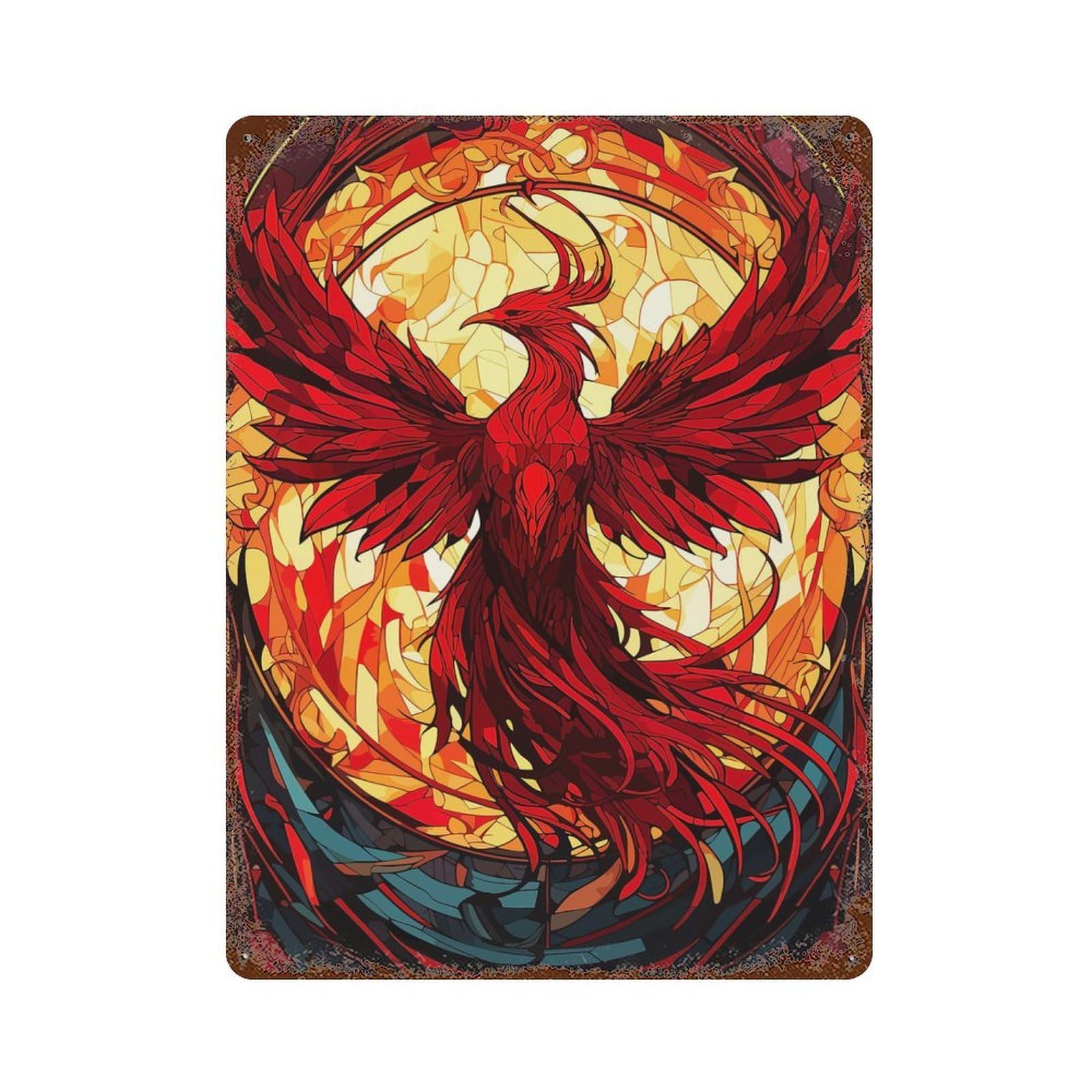Garage Style Phoenix Stained Glass Decorative Tin Sign 15.7"x11.8", Industrial Home Decor for Bar And Workshop