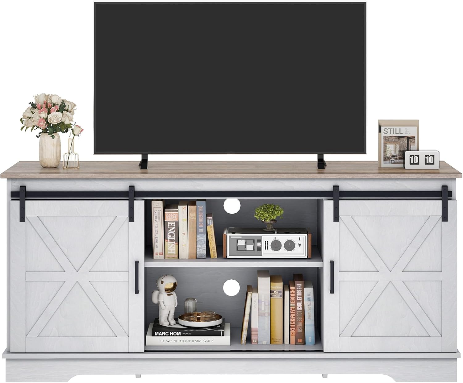 YITAHOME Farmhouse TV Stand for 65 Inch TVs, Entertainment Center with Storage Cabinets and Sliding Barn Doors, Rustic Media Console Table for Living Room, Grey White/Grey Wash - Image 9
