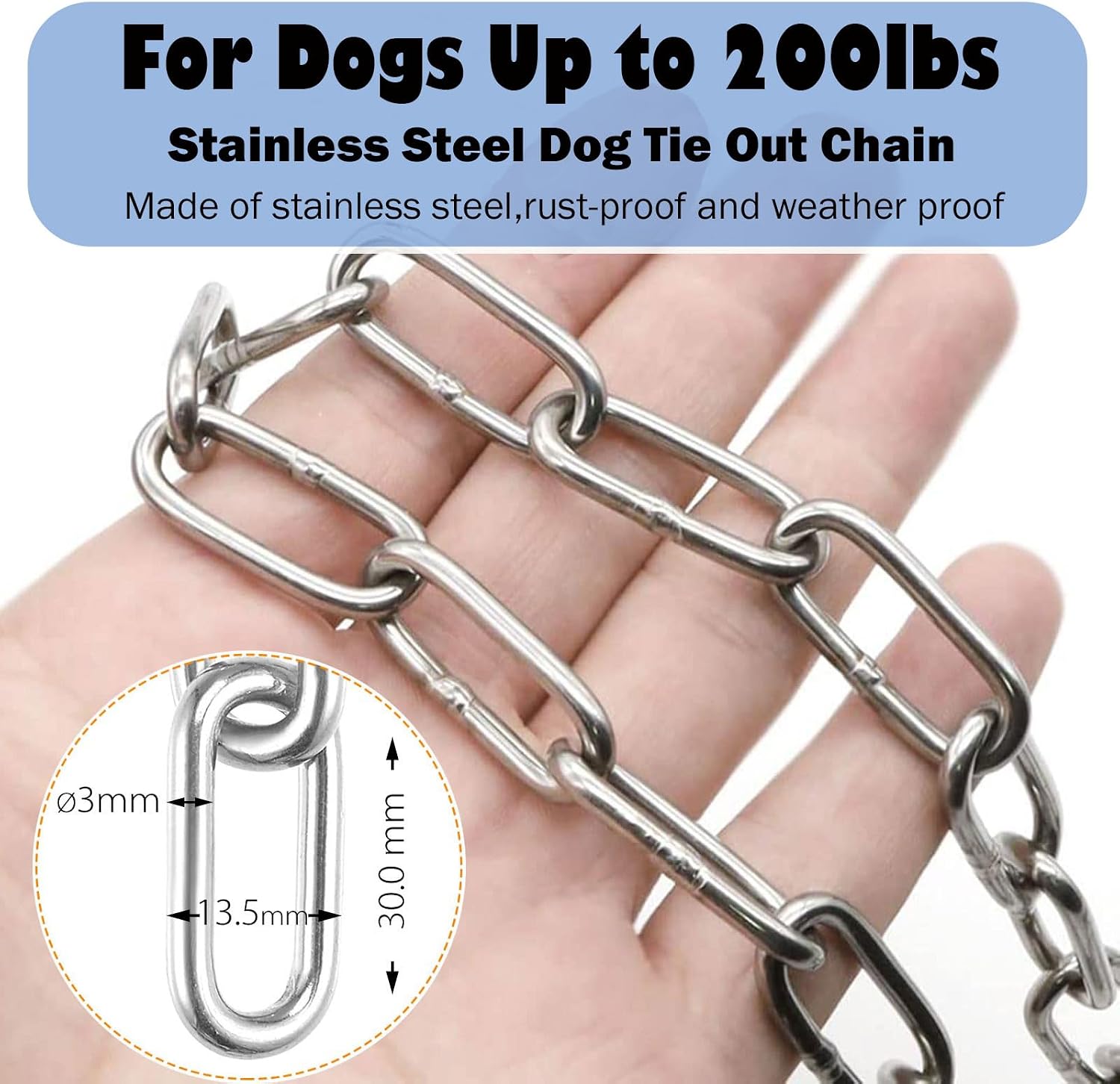 25ft Chew Proof Dog Tie Out Chain Leash Shock Absorbing Lockable Hooks Up to 200Lbs