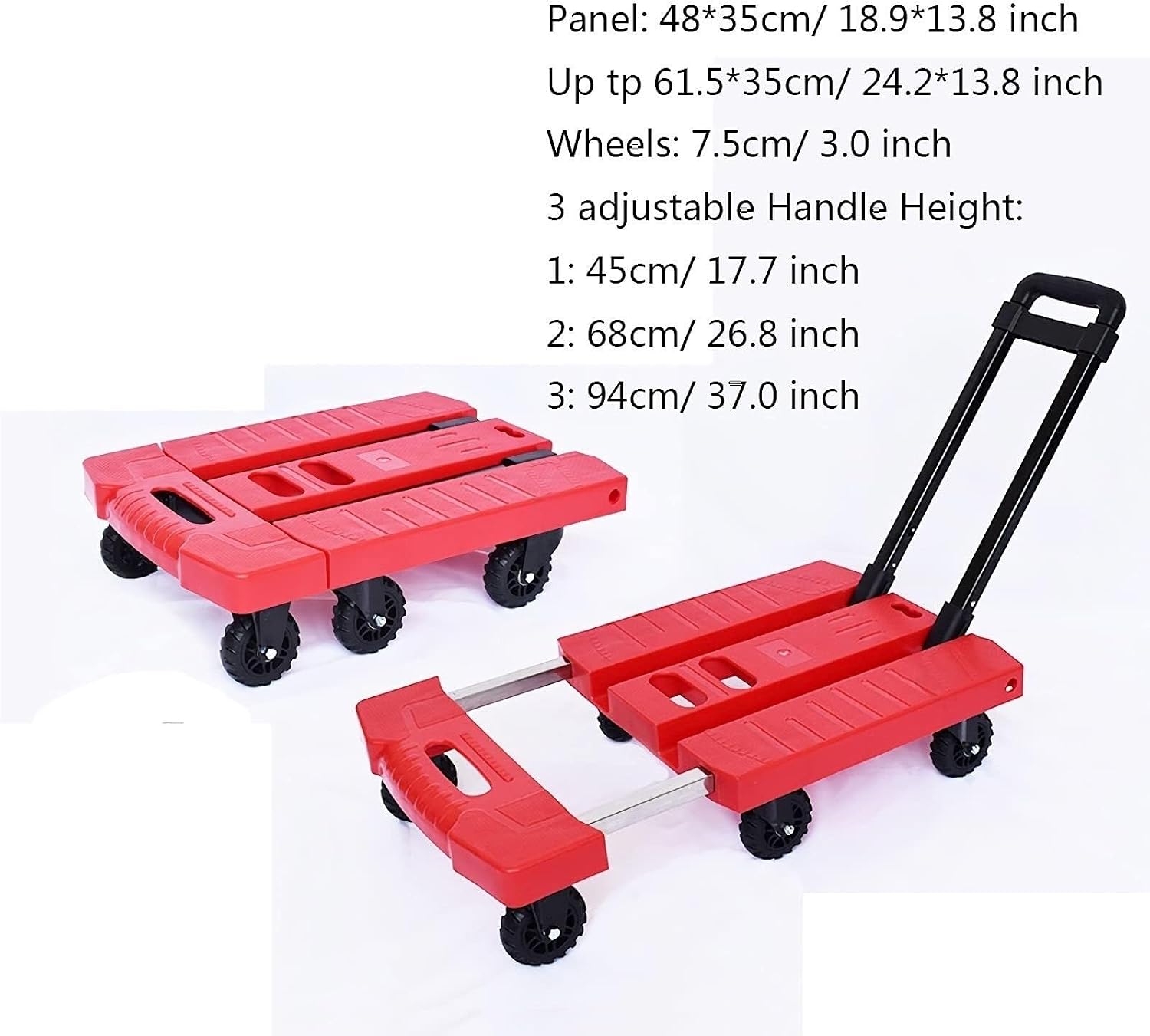 Durable Folding Hand Truck with 6 Wheels - Expandable Trolley Cart for Easy Luggage Transport & Storage, 3-Inch Wheels, Ideal for Heavy Loads, Stylish Rosso Color